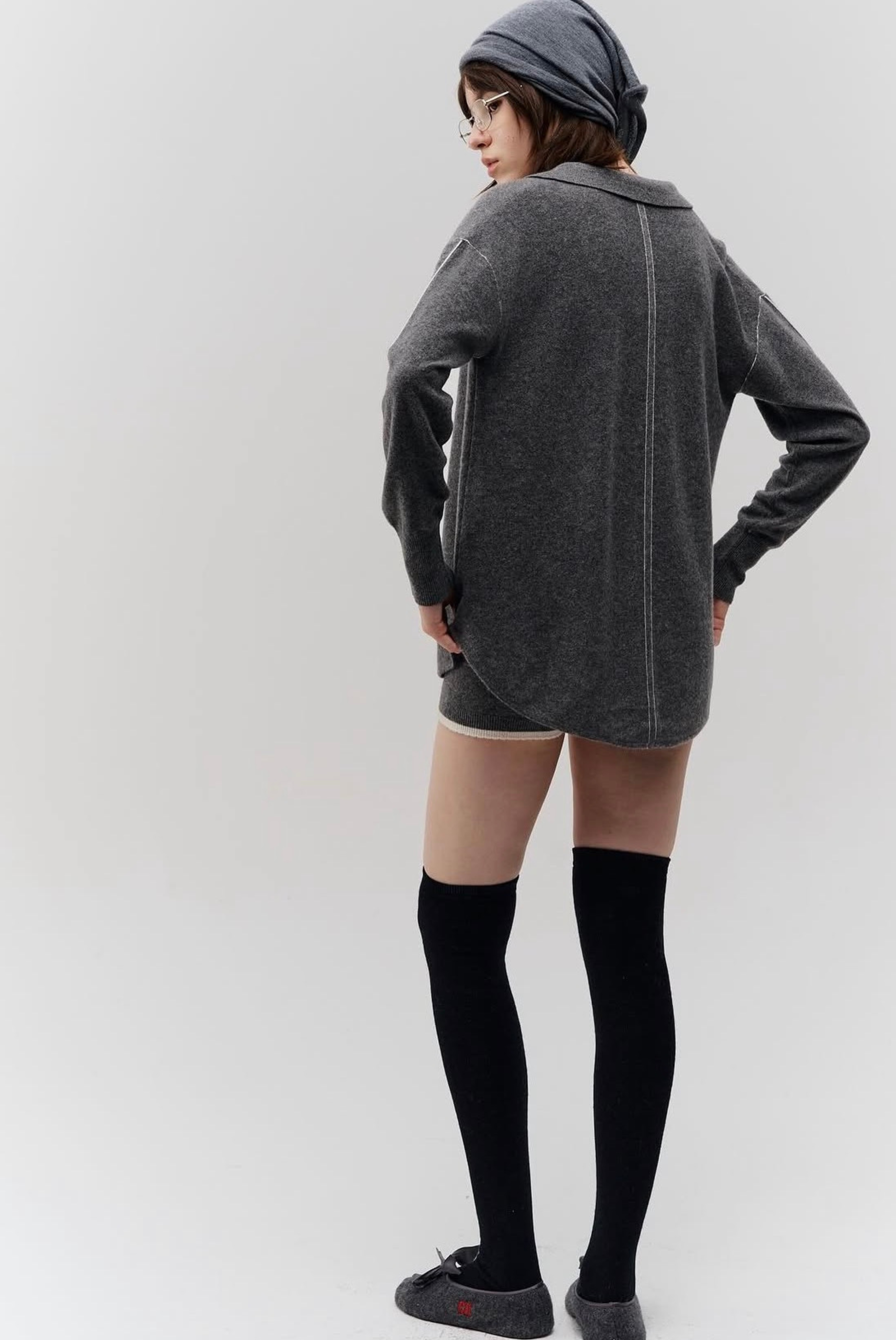 Piped Trim Knit Cashmere Shirt Meteorite