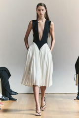 The Beatrice Pleated V-Neck Midi Dress Ivory / Black