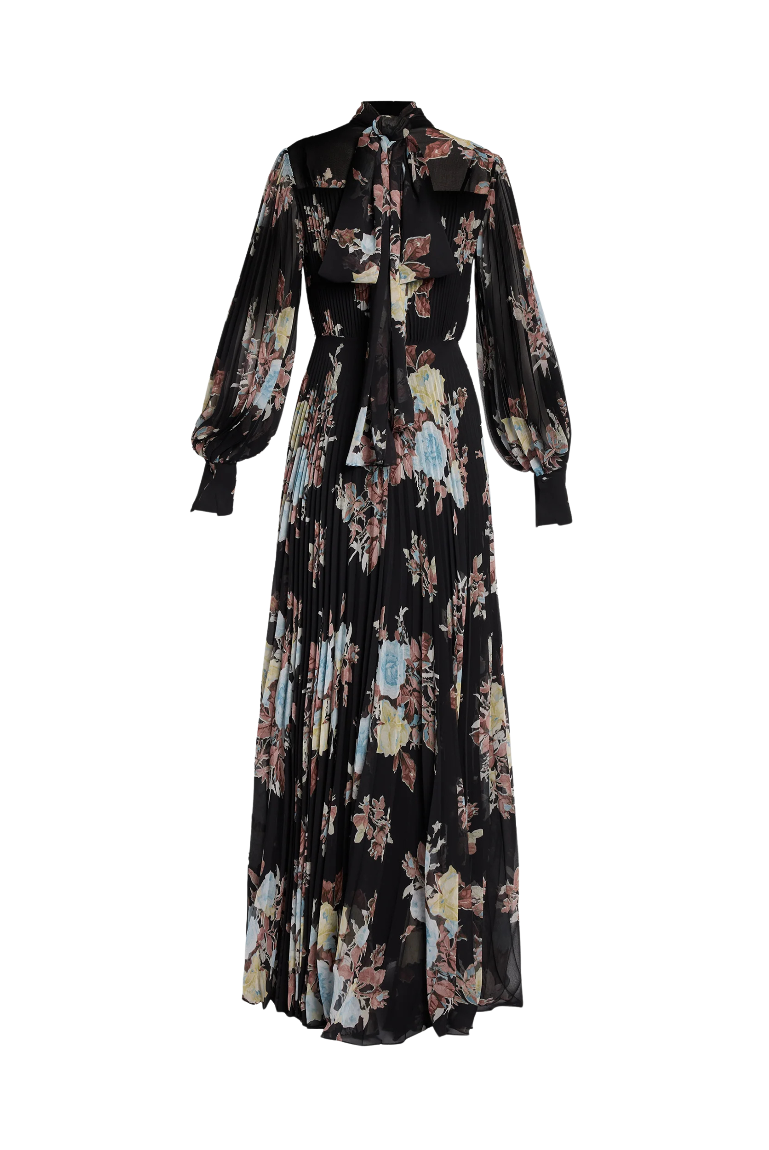 Floral Pleated Voile Long Sleeve Gown
