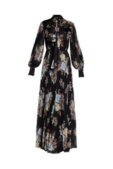 Floral Pleated Voile Long Sleeve Gown
