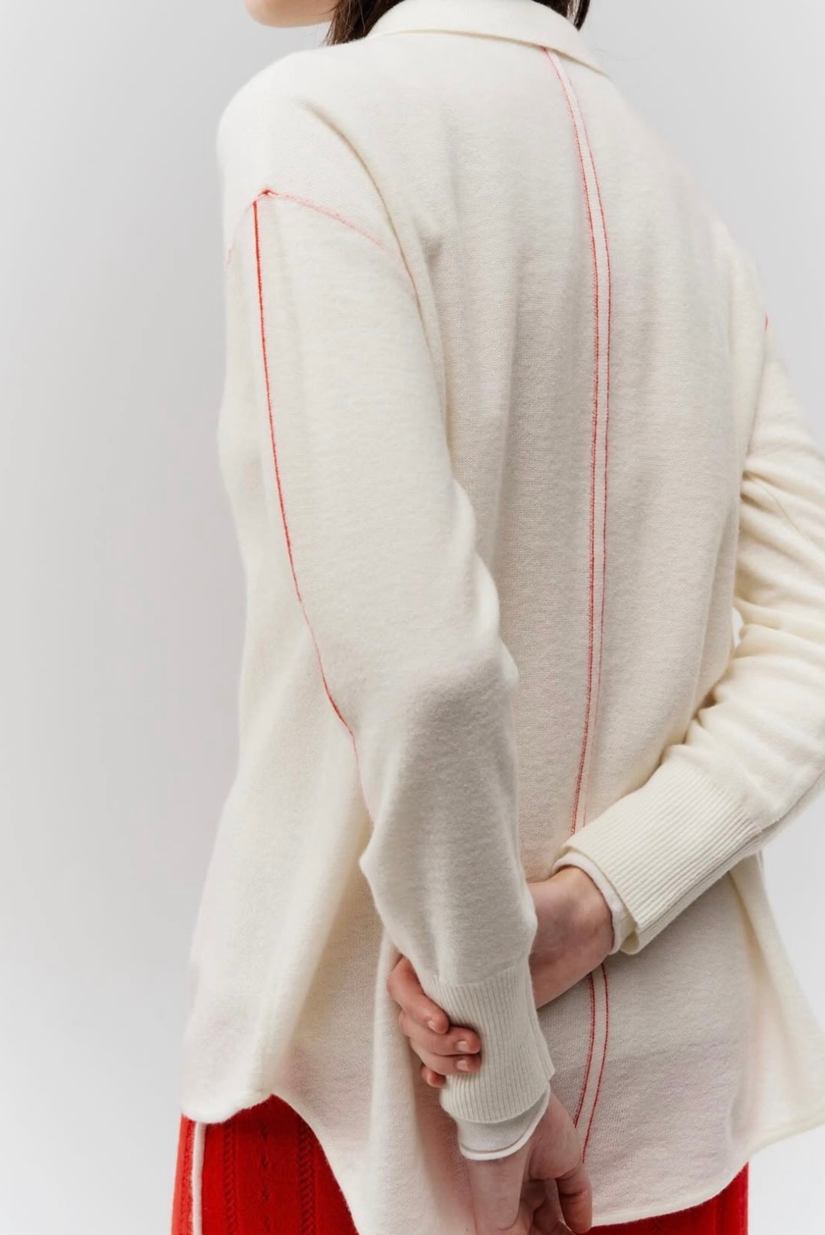 Piped Trim Knit Cashmere Shirt Eggshell
