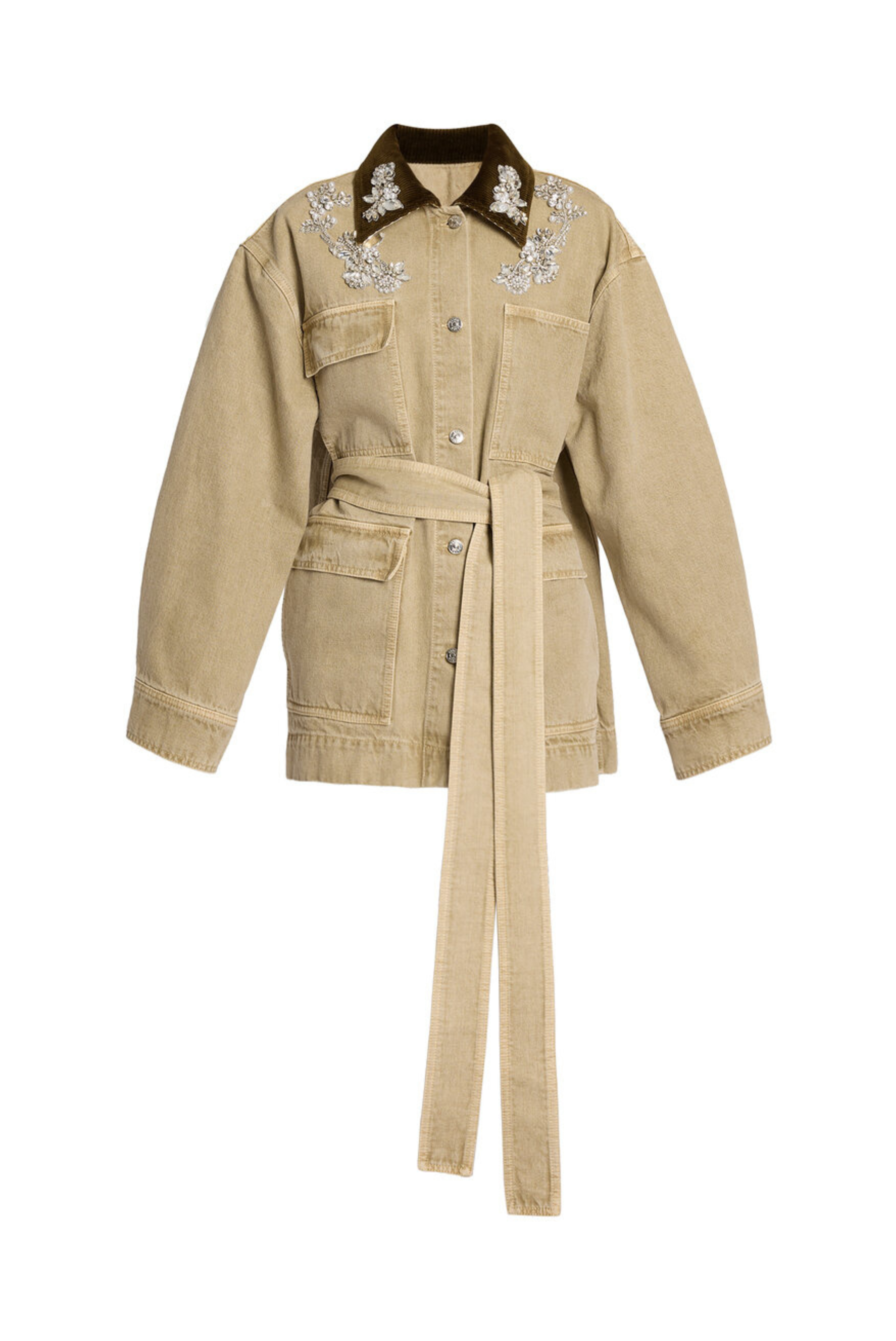 Embroidered Denim Single Breasted Belted Jacket