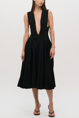 The Beatrice Pleated V-Neck Midi Dress Black