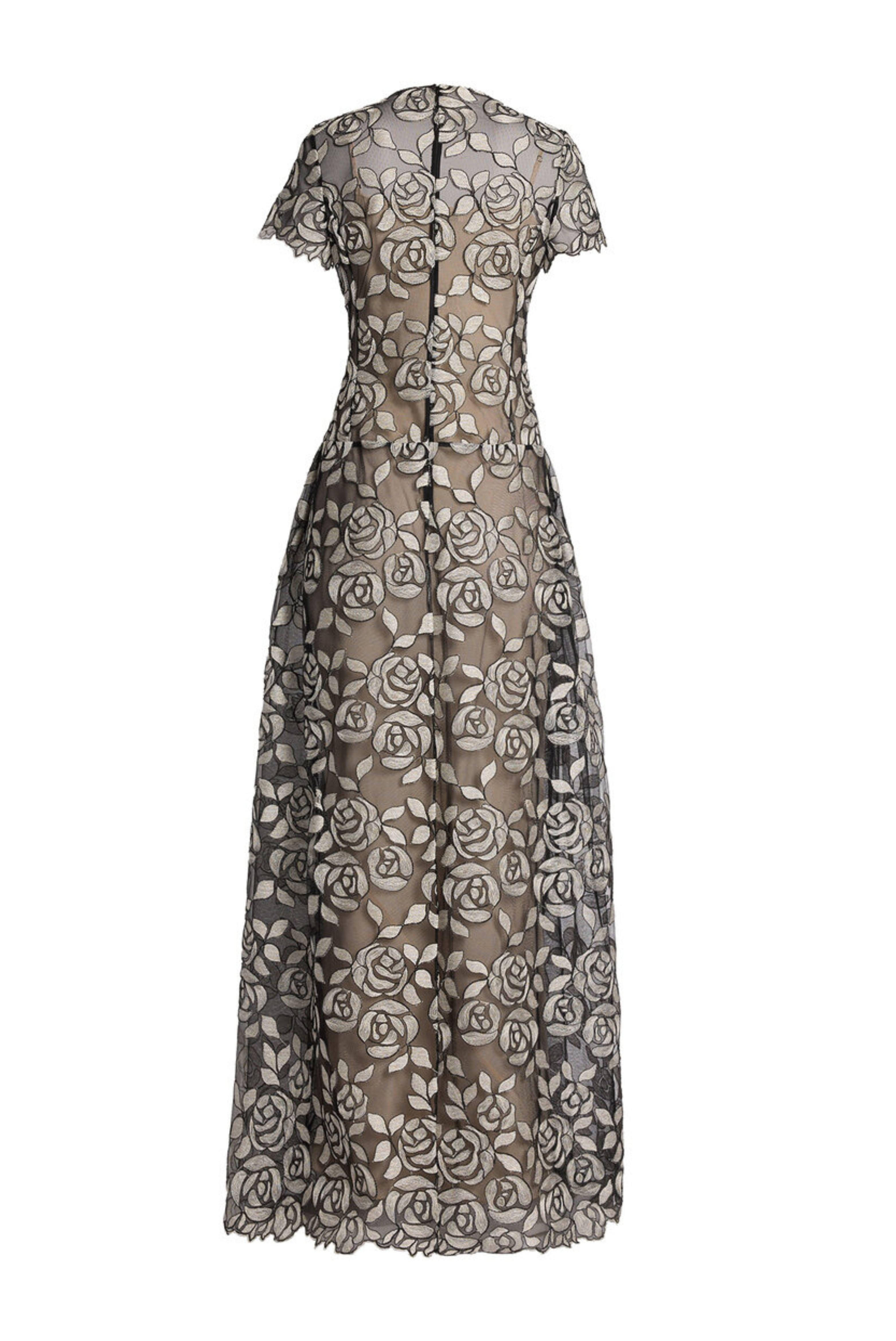 Rose Embroidered Tulle Short Sleeve Gown