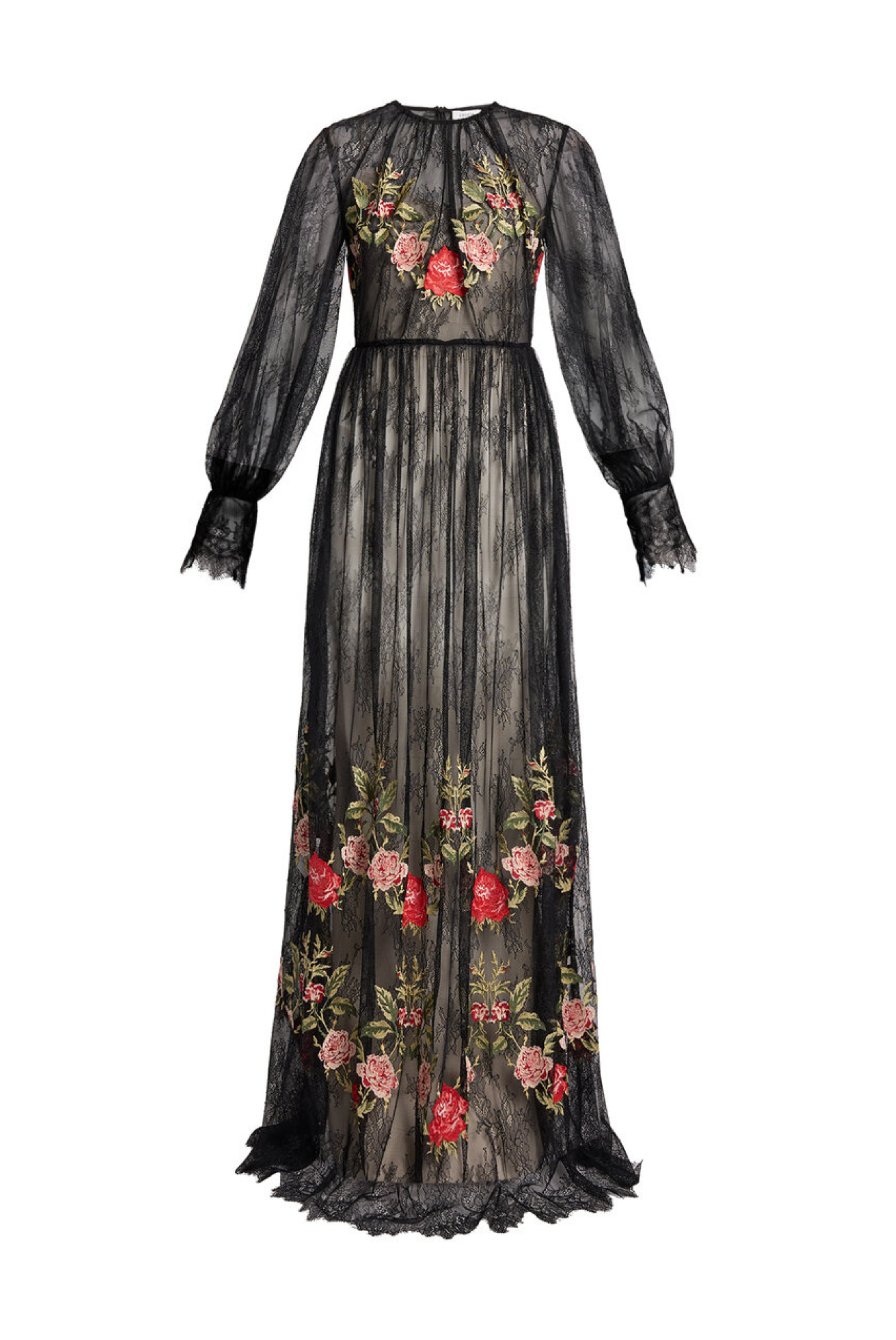 Embroidered Floral Lace Long Sleeve Gown