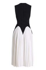 The Beatrice Pleated V-Neck Midi Dress Ivory / Black