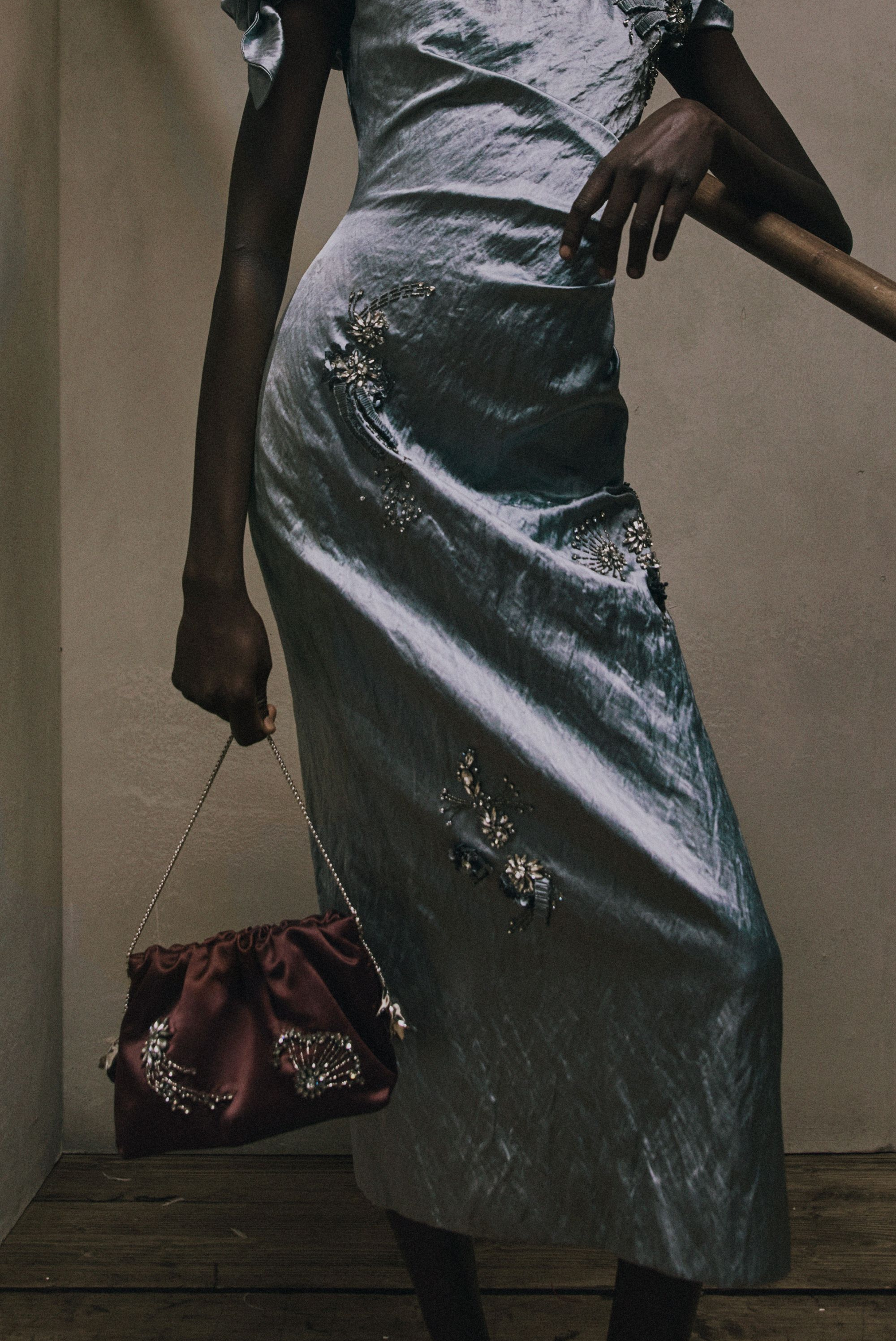 Embroidered Textured Satin Ankle Length Dress