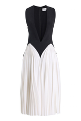 The Beatrice Pleated V-Neck Midi Dress Ivory / Black