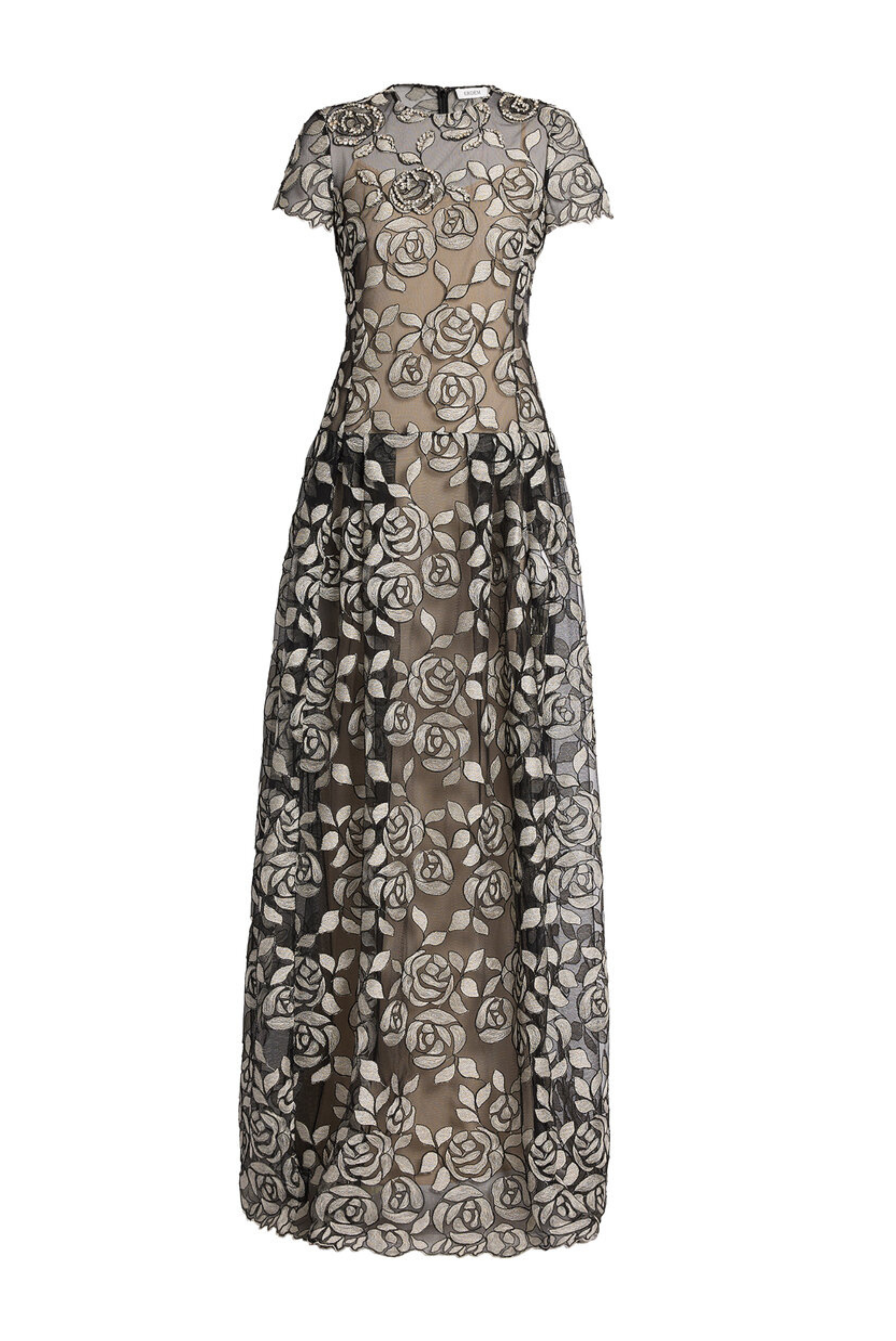 Rose Embroidered Tulle Short Sleeve Gown