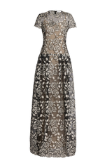 Rose Embroidered Tulle Short Sleeve Gown