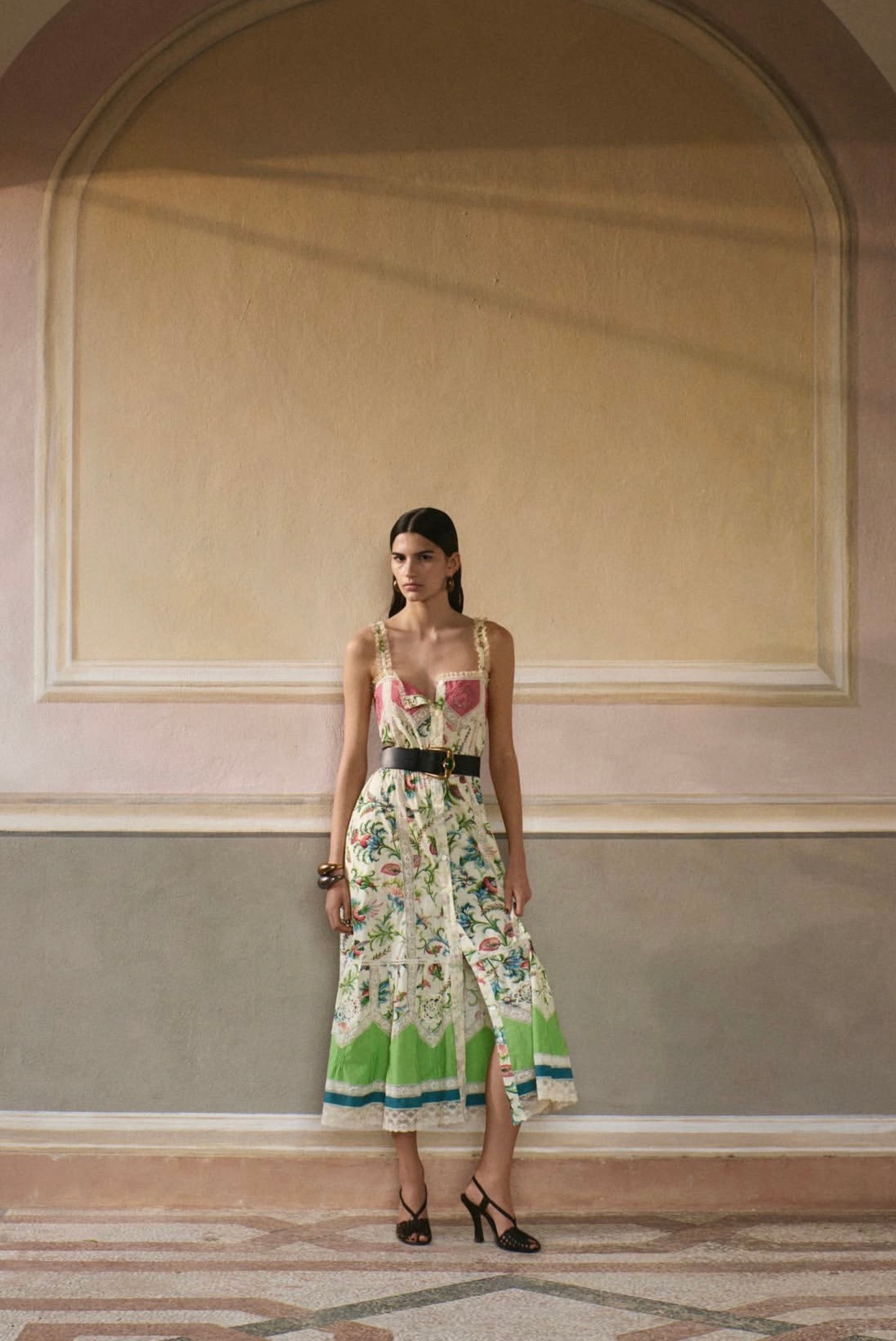 Apron Midi Dress with Lace Inserts