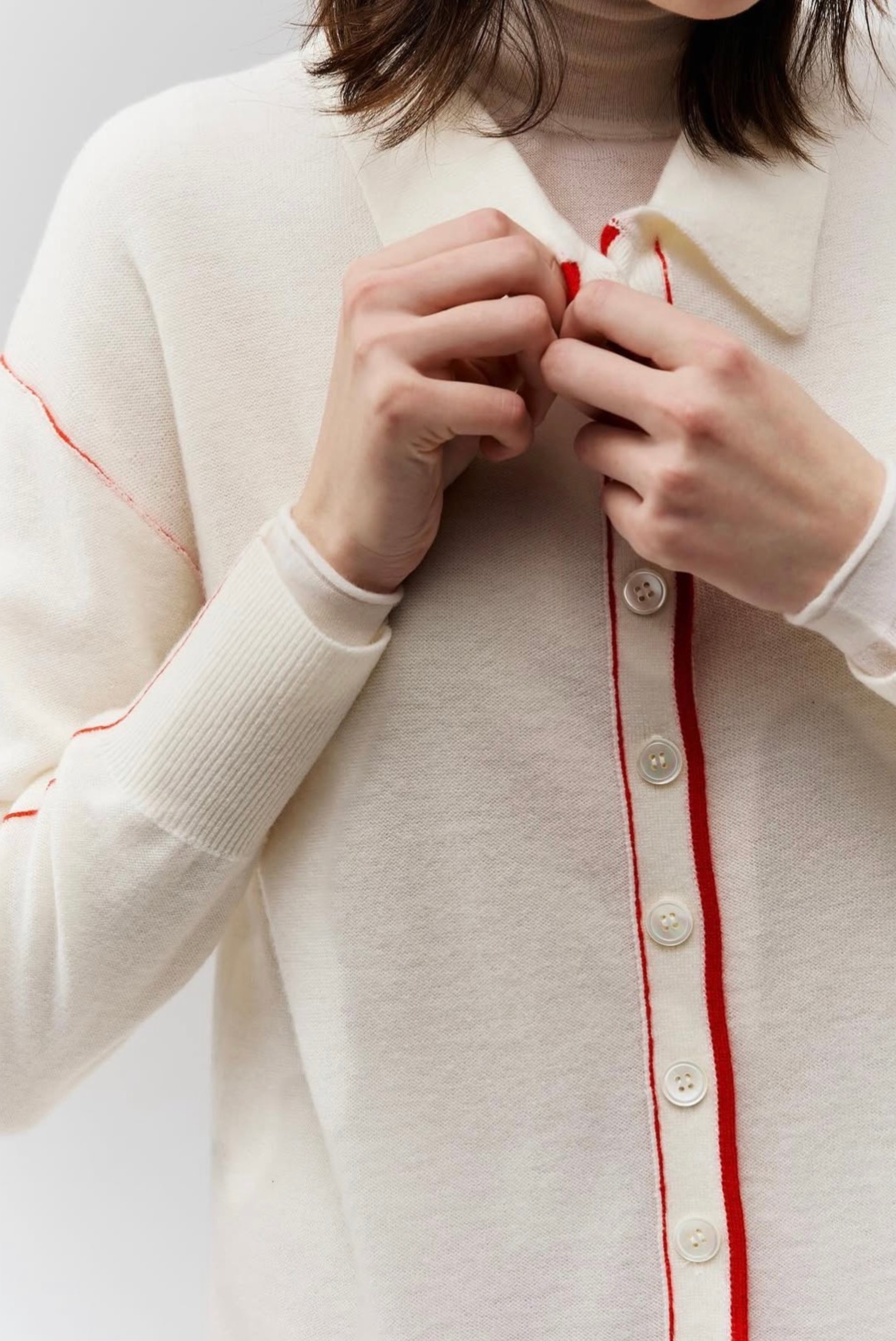 Piped Trim Knit Cashmere Shirt Eggshell
