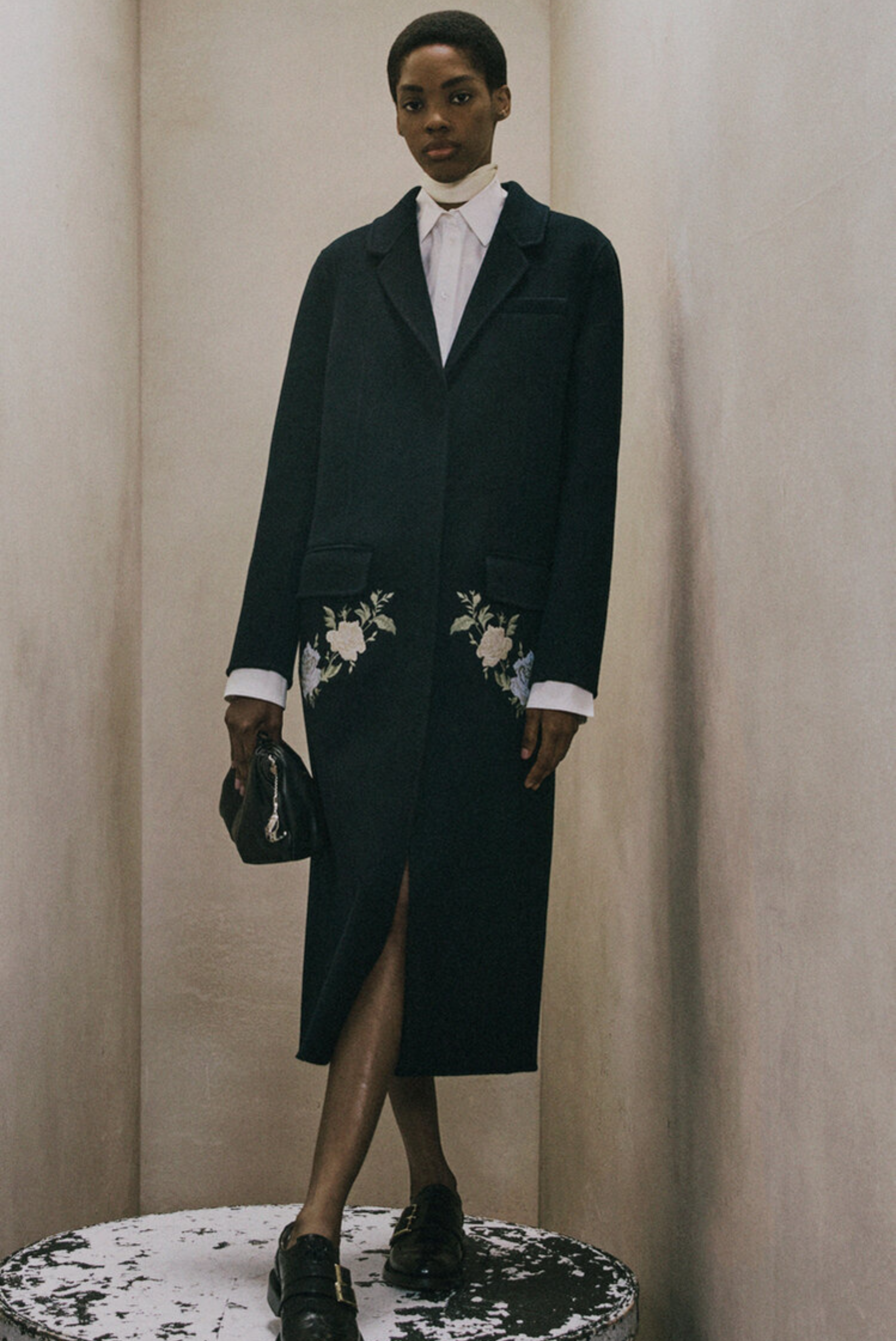 Embroidered Double Face Wool Tailored Coat