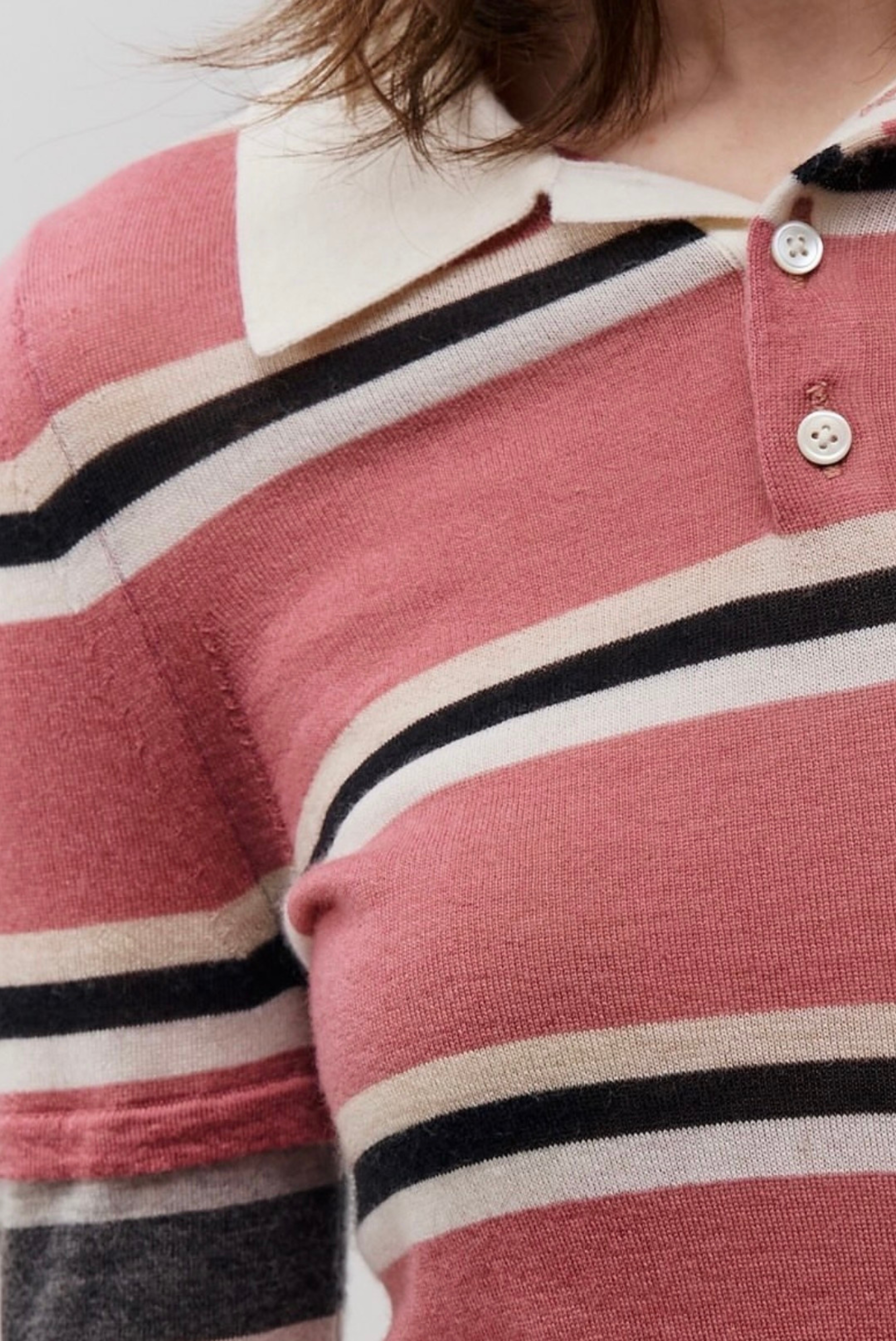 Striped Long-Sleeve Cashmere Polo Dirty Pink