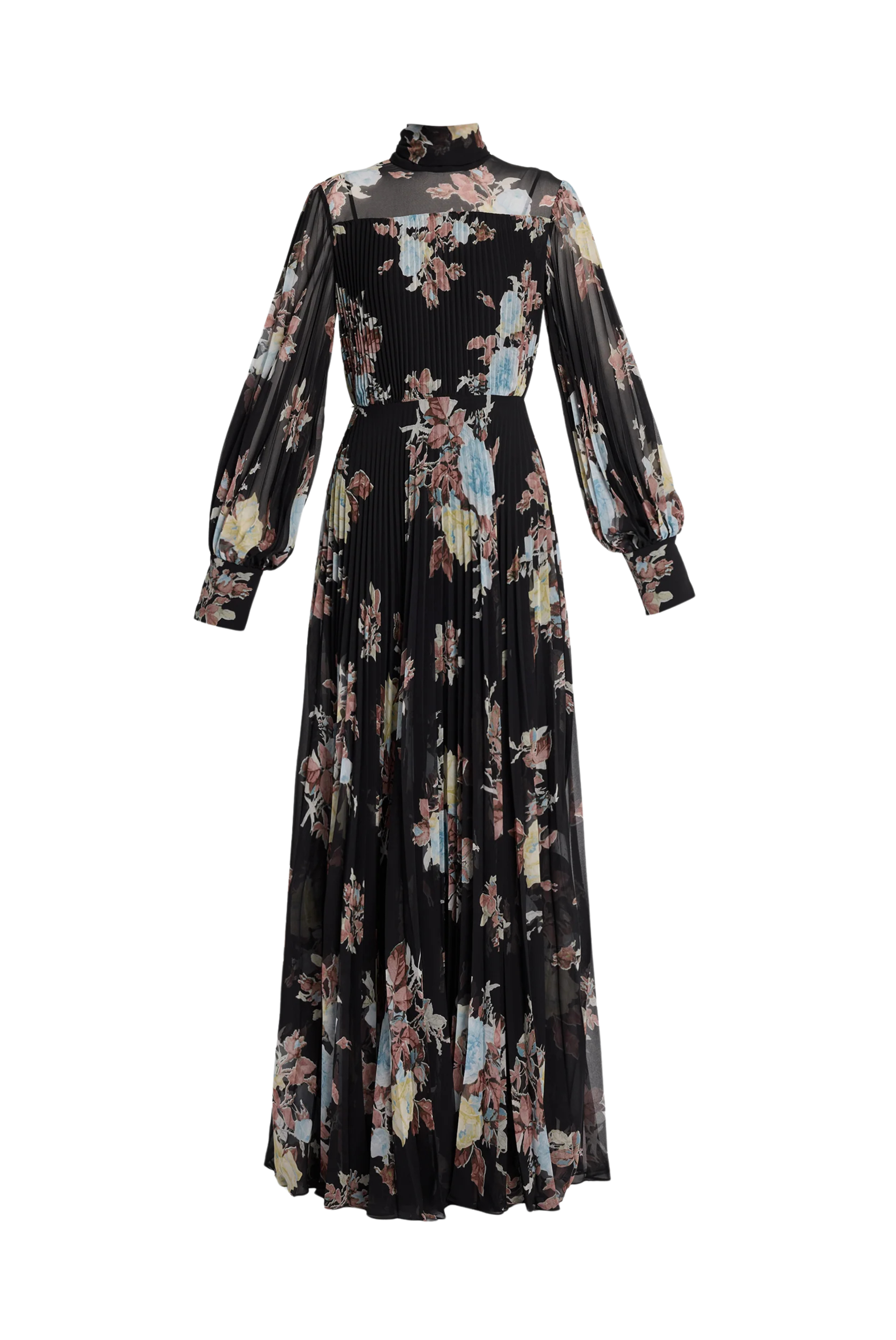 Floral Pleated Voile Long Sleeve Gown