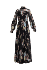 Floral Pleated Voile Long Sleeve Gown