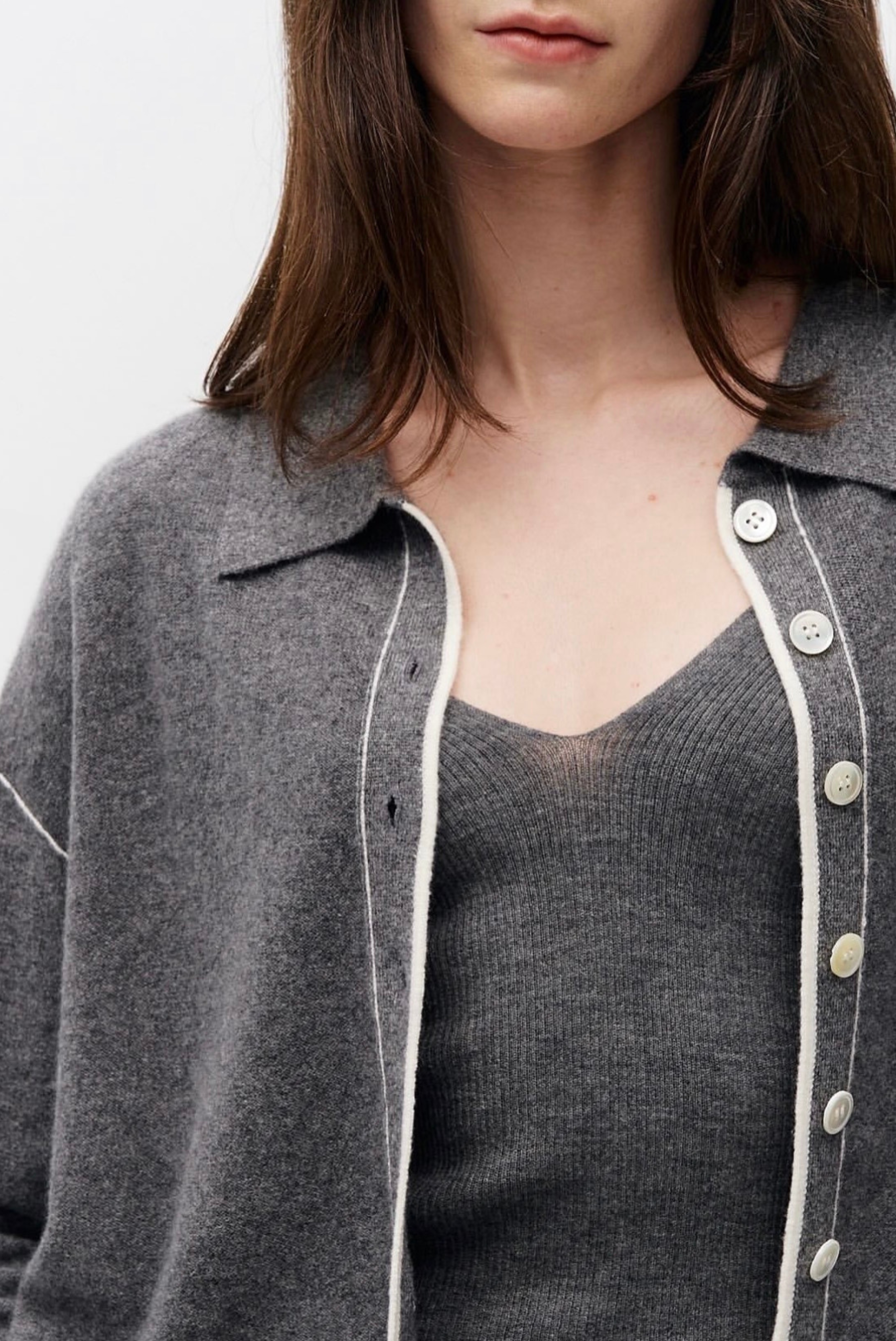 Piped Trim Knit Cashmere Shirt Meteorite