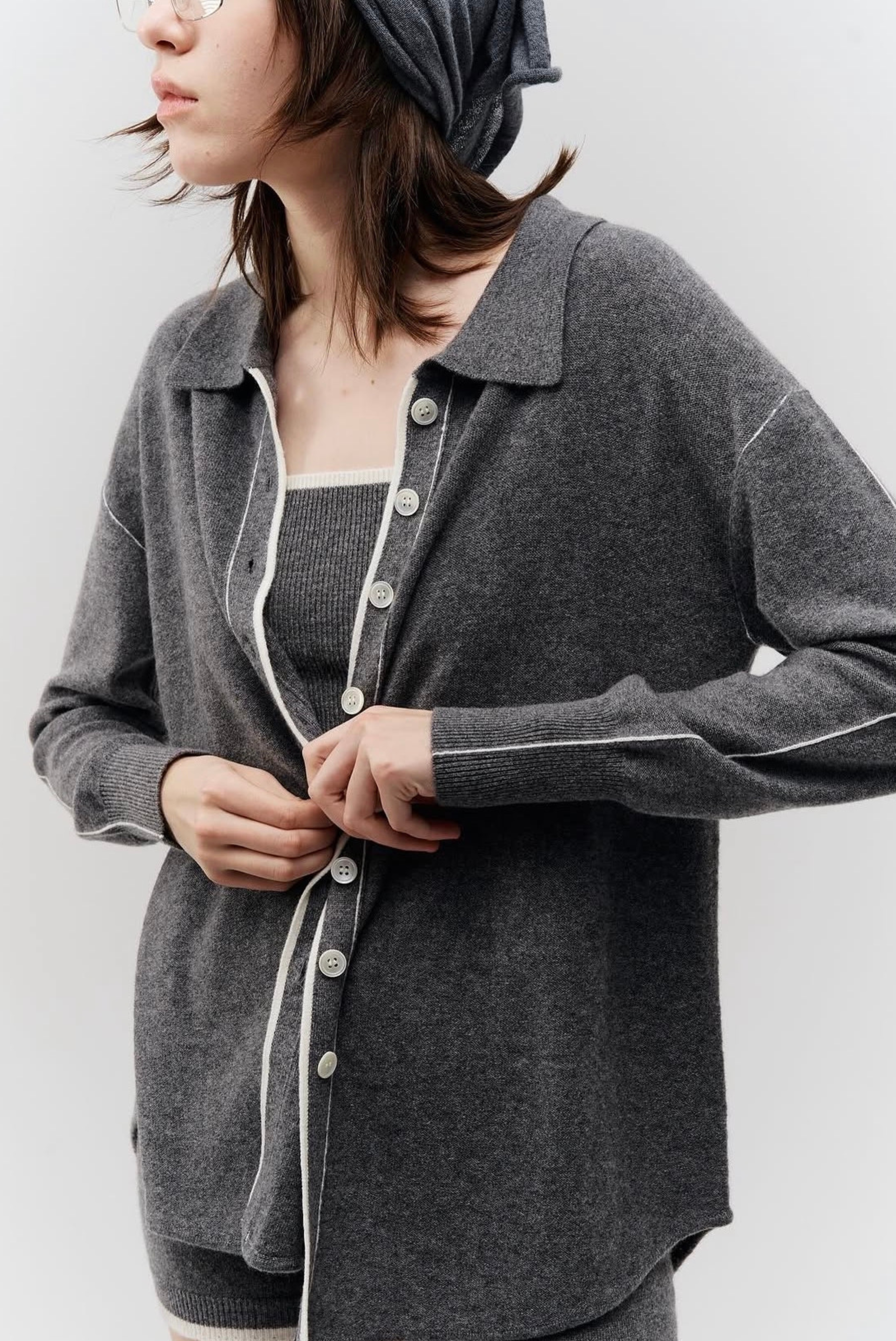 Piped Trim Knit Cashmere Shirt Meteorite