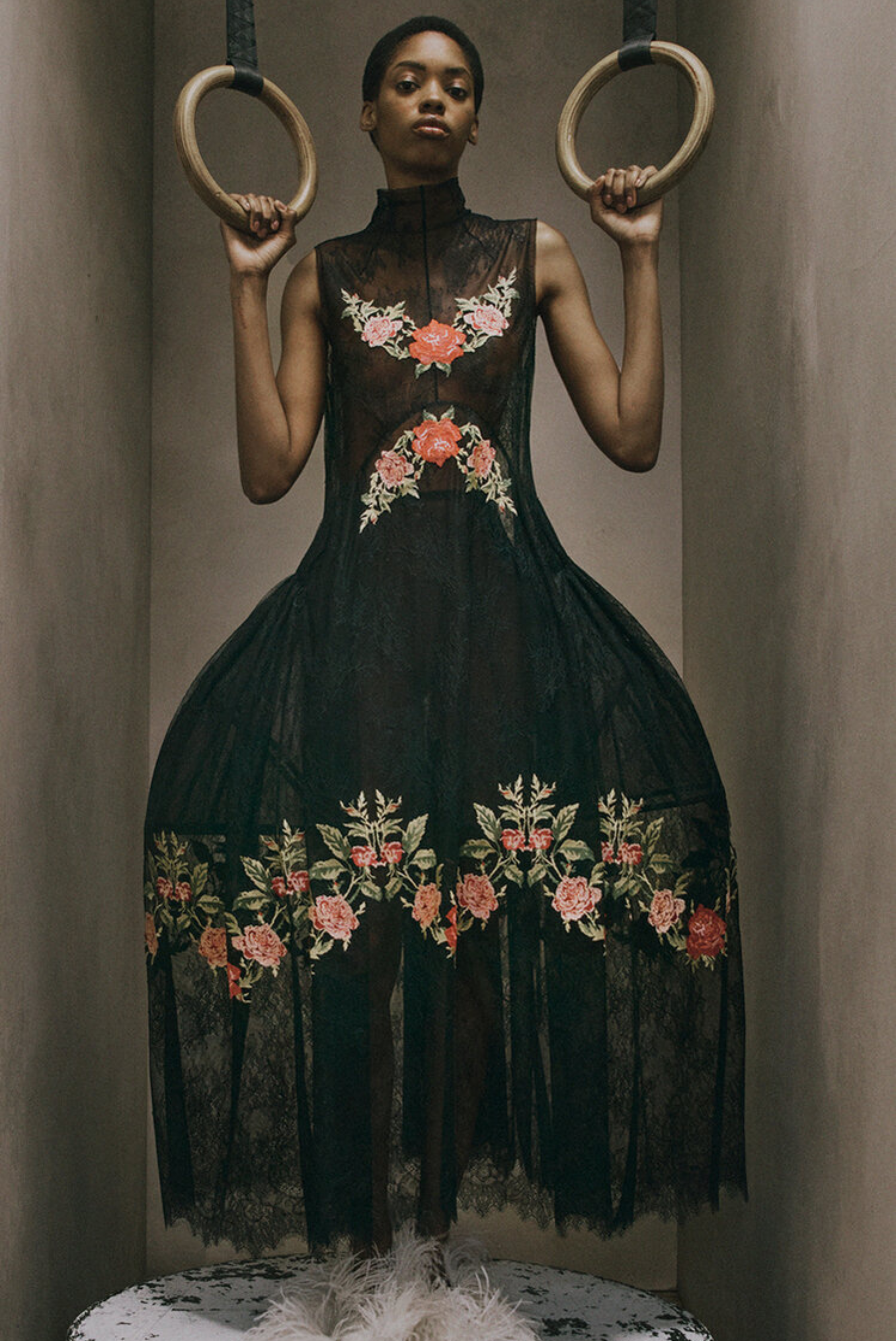 Floral Embroidered Lace Ankle Length Dress