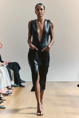 The Gia Deep V Column Leather Midi Dress