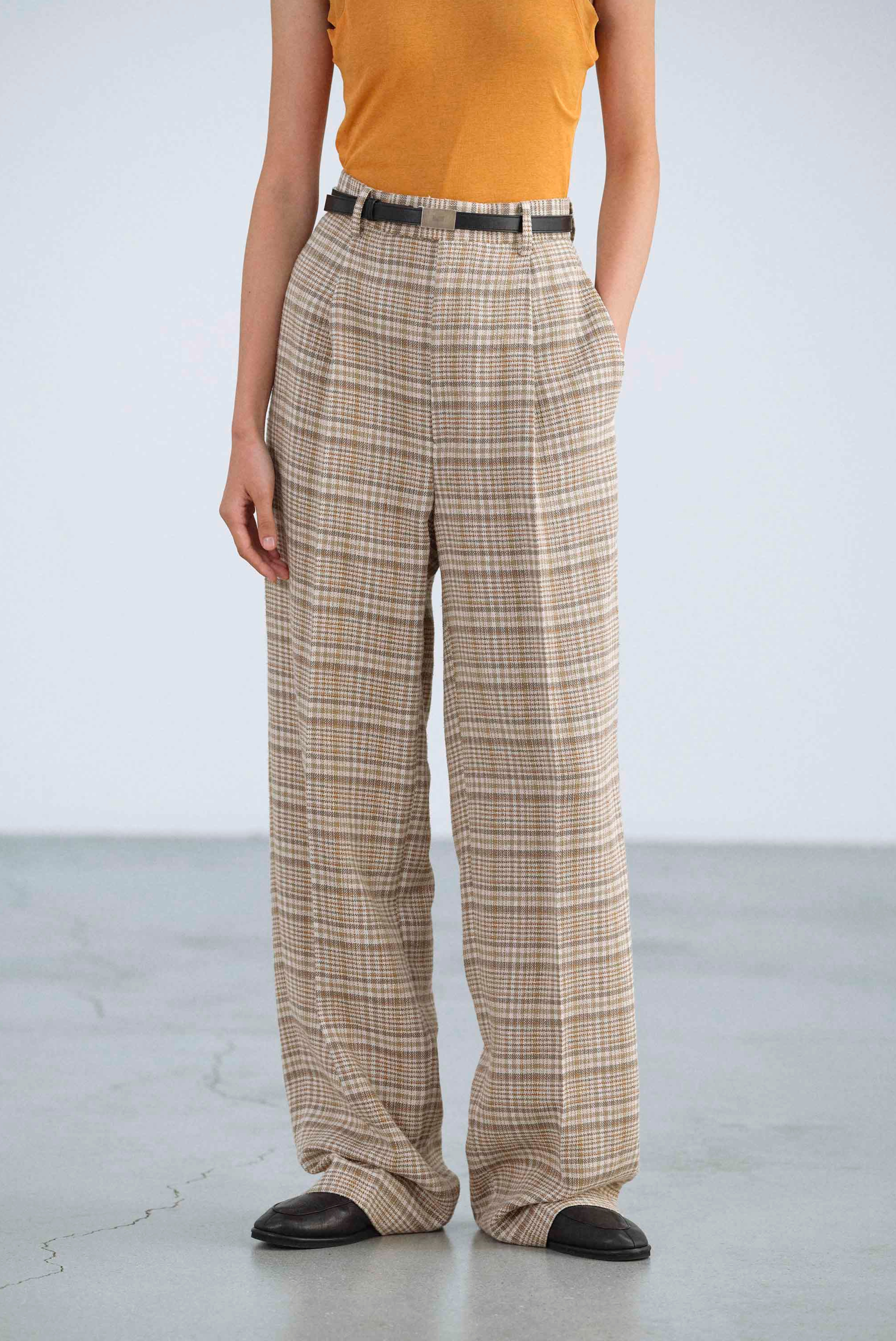 Auralee Silk Linen Nep Check One Tuck Slacks Ivory Beige Check
