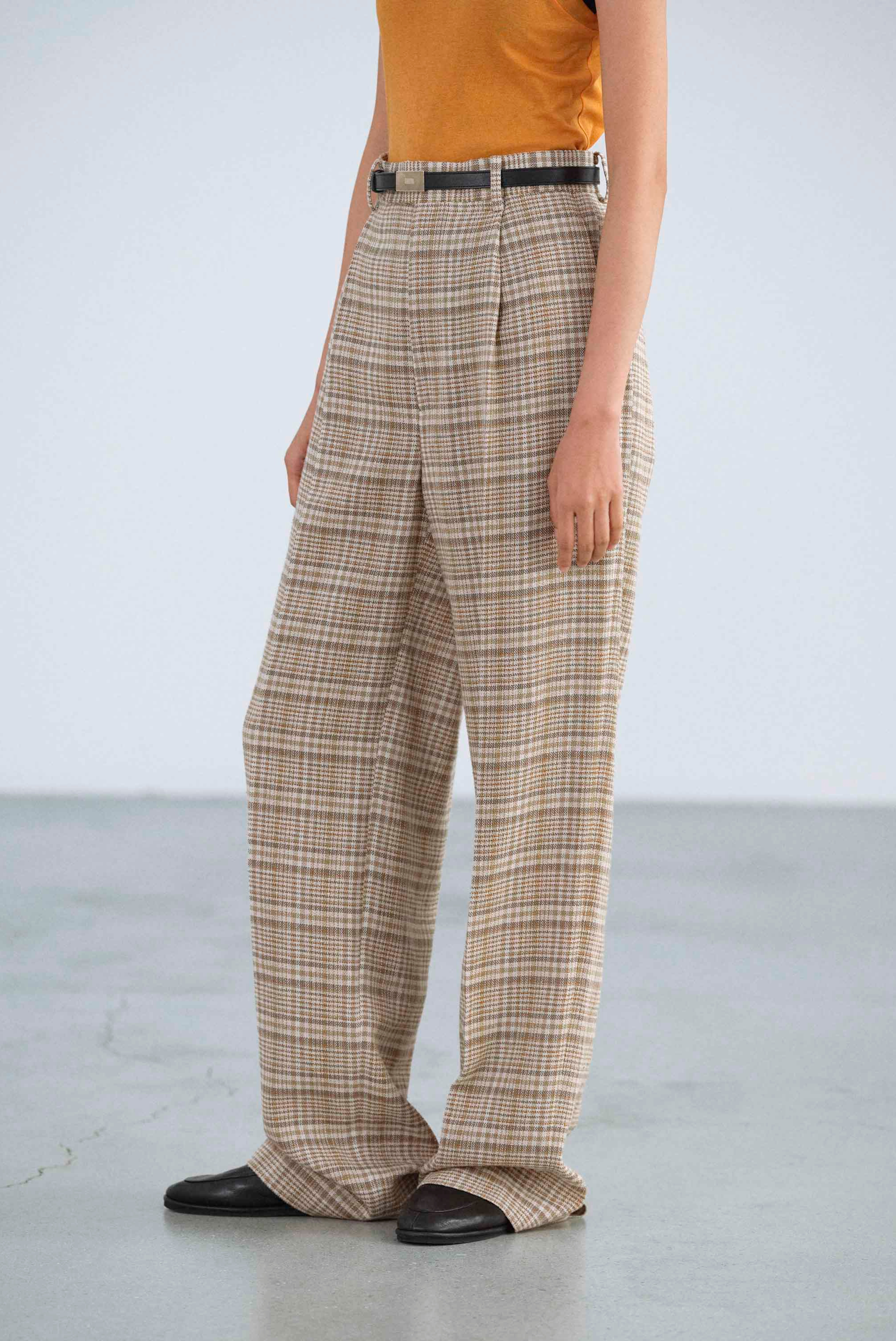 Auralee Silk Linen Nep Check One Tuck Slacks Ivory Beige Check