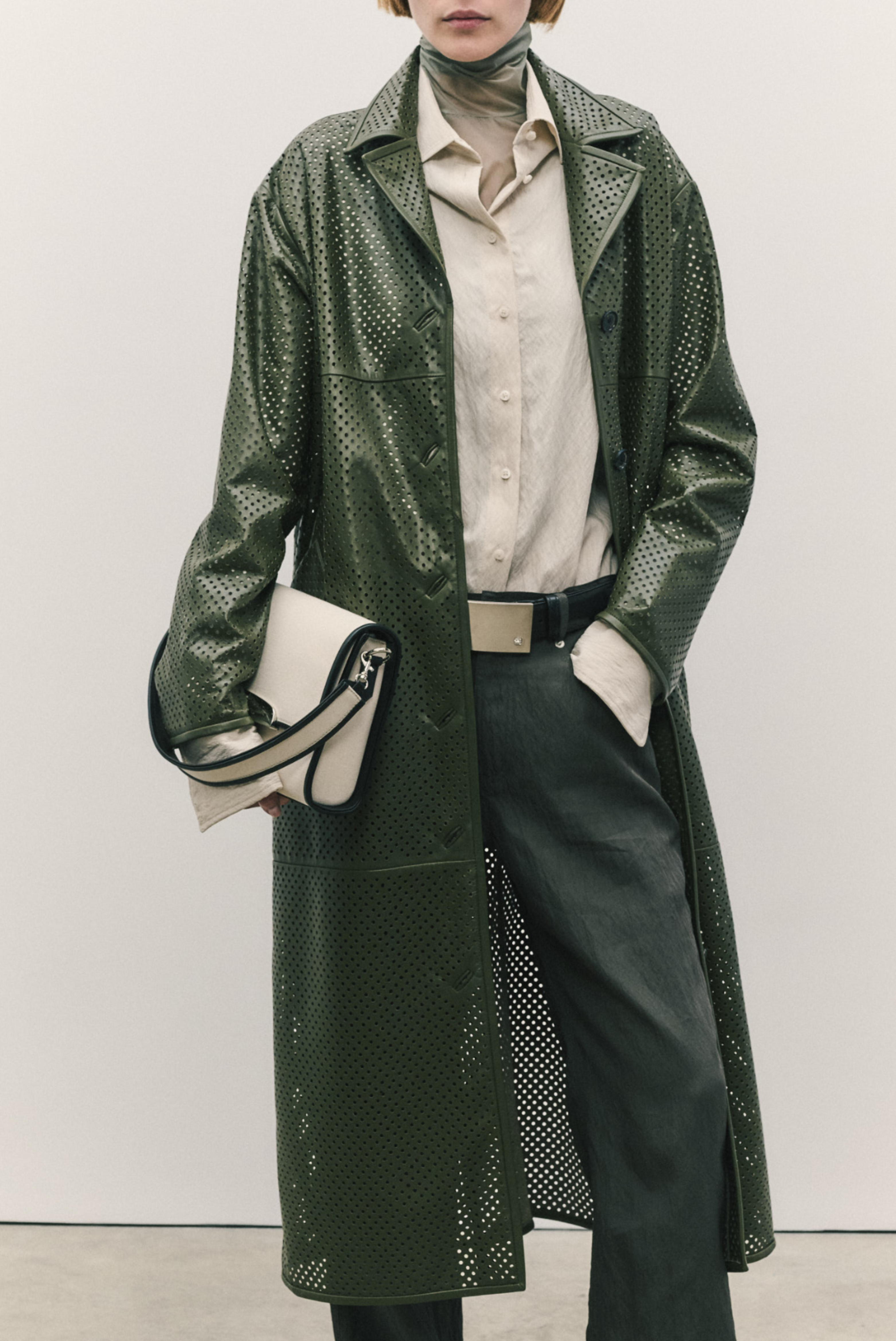 BRANDON MAXWELL The Beck Perforated Leather Driving Coat Basil Green