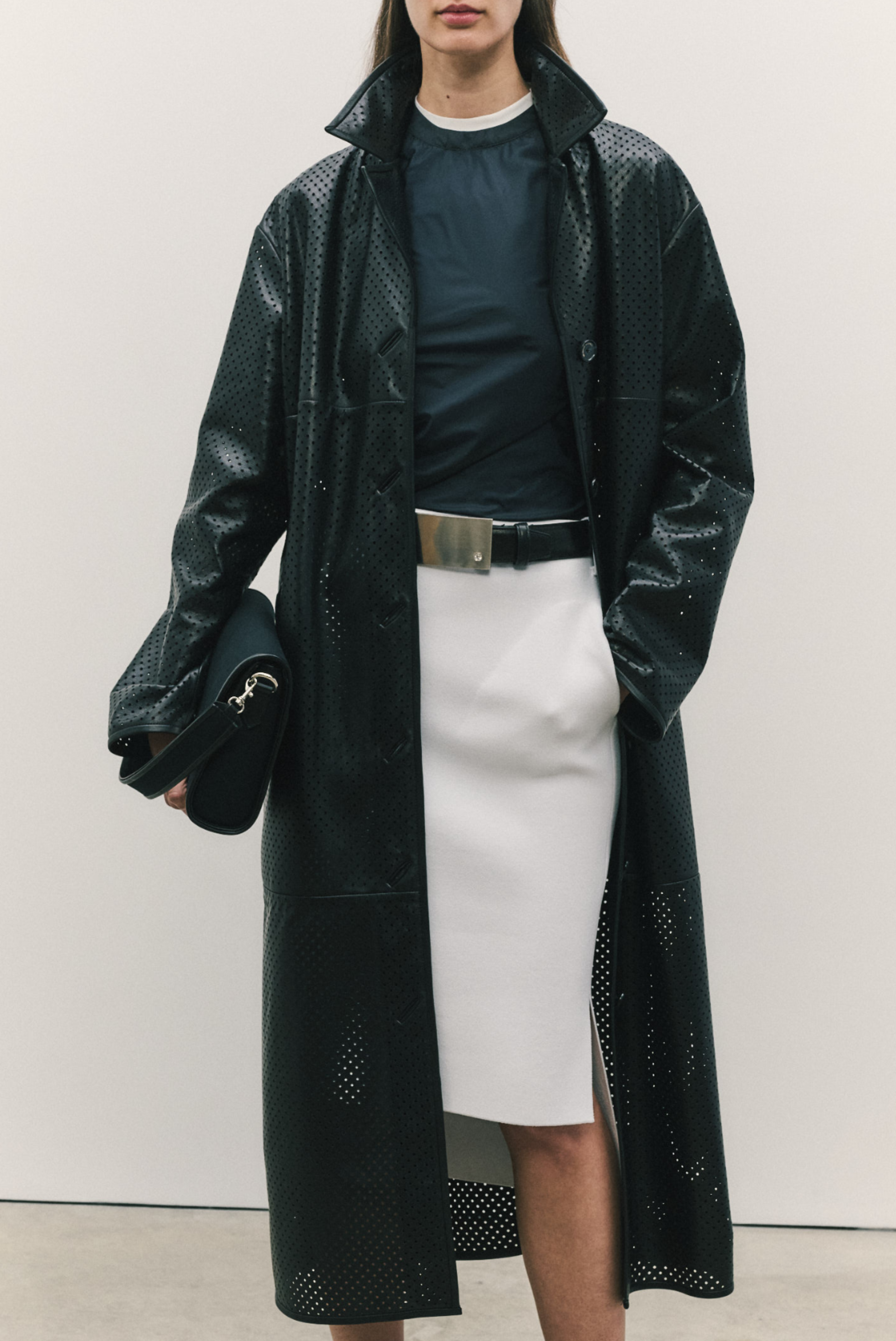 BRANDON MAXWELL The Beck Perforated Leather Driving Coat Black