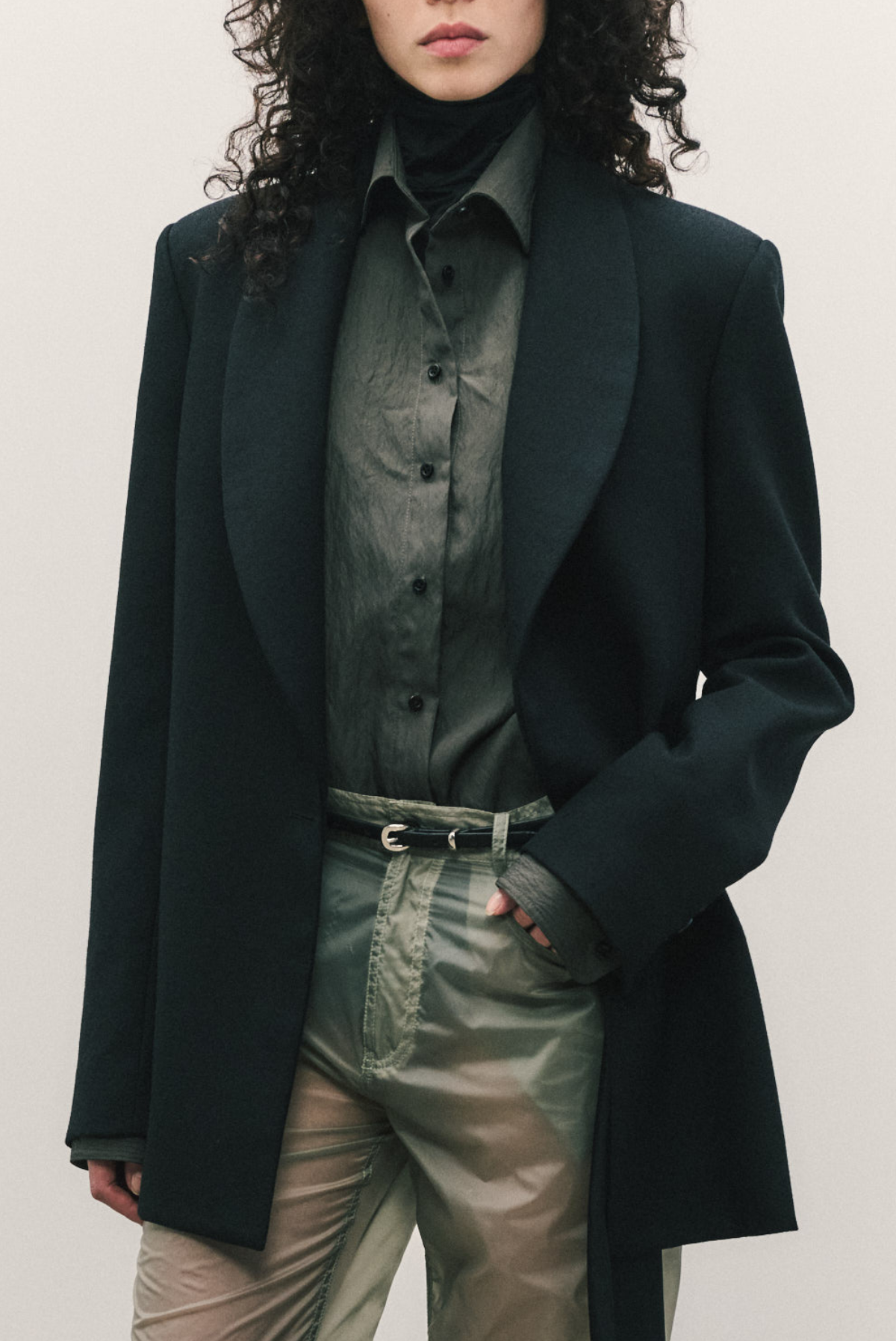 BRANDON MAXWELL The Francesca Crinkled Button Up Shirt Dark Olive