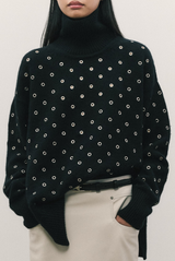BRANDON MAXWELL The Hughes Oversized Eyelet Cashmere Turtleneck Black