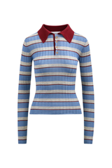 Brandon Maxwell The Joni Knit Polo Top Blue Stripe