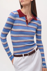Brandon Maxwell The Joni Knit Polo Top Blue Stripe