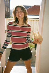 Cuddle Up Striped Long-Sleeve Cashmere Polo Dirty Pink