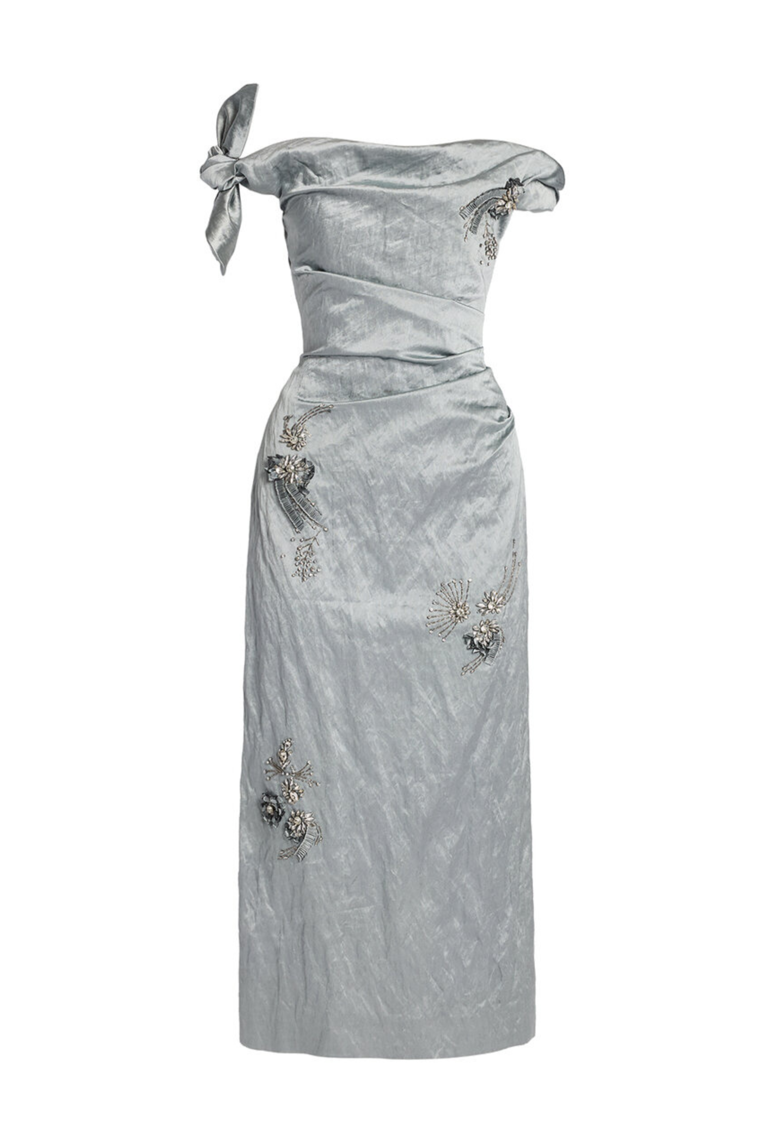 Embroidered Textured Satin Ankle Length Dress