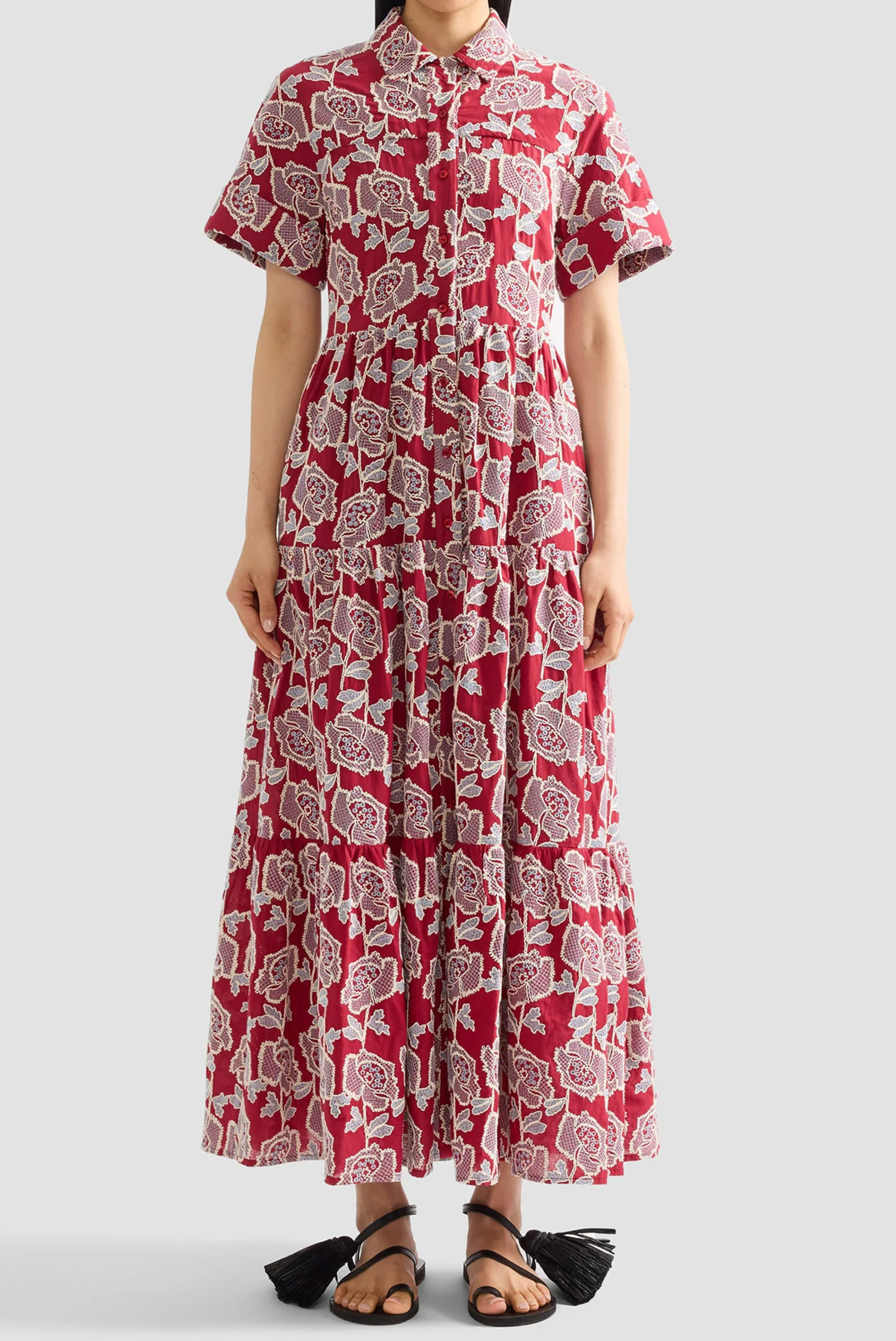 Erdem Embroidered Cotton Tiered Midi Shirt Dress Cherry