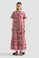 Erdem Embroidered Cotton Tiered Midi Shirt Dress Cherry