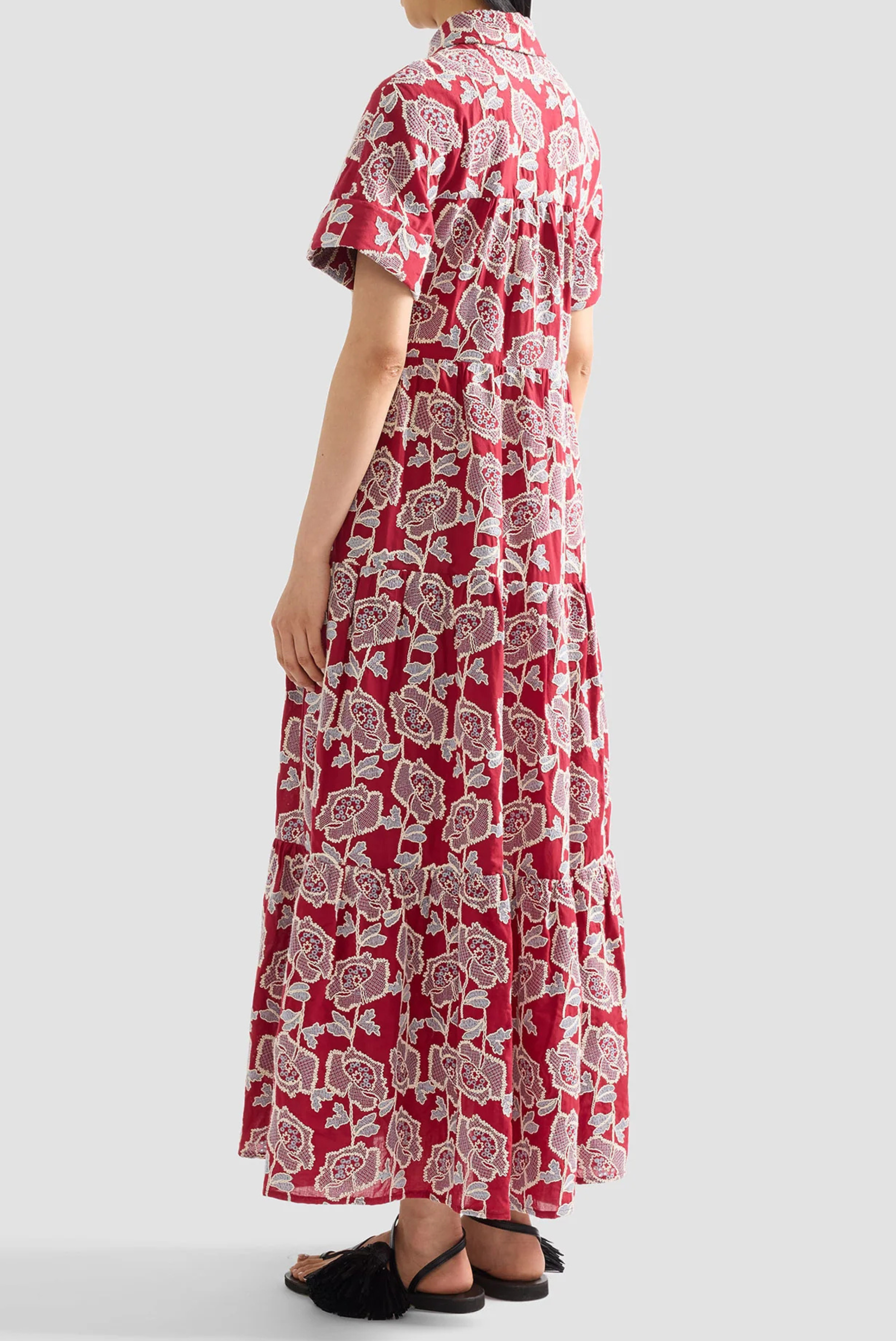 Erdem Embroidered Cotton Tiered Midi Shirt Dress Cherry