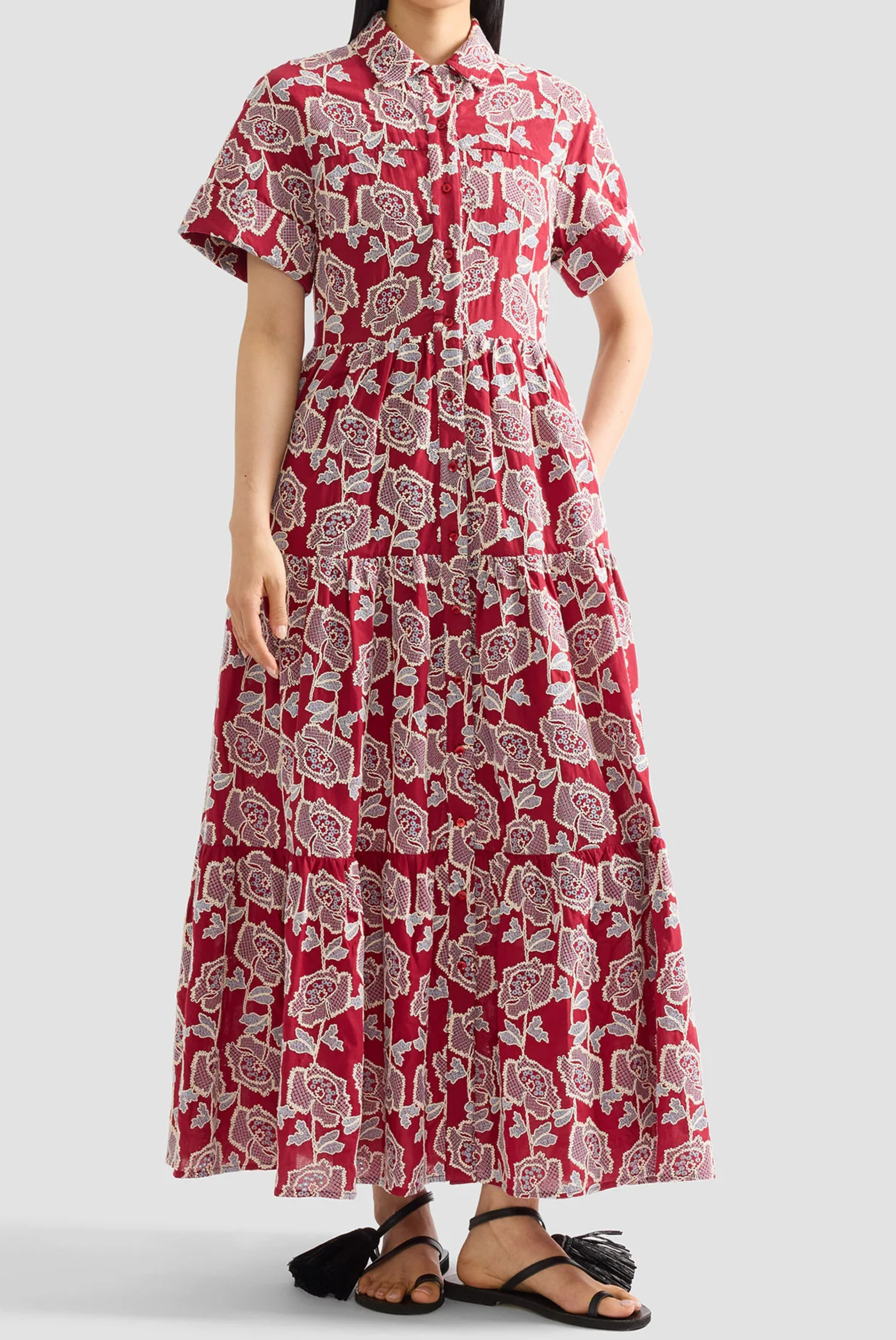 Erdem Embroidered Cotton Tiered Midi Shirt Dress Cherry