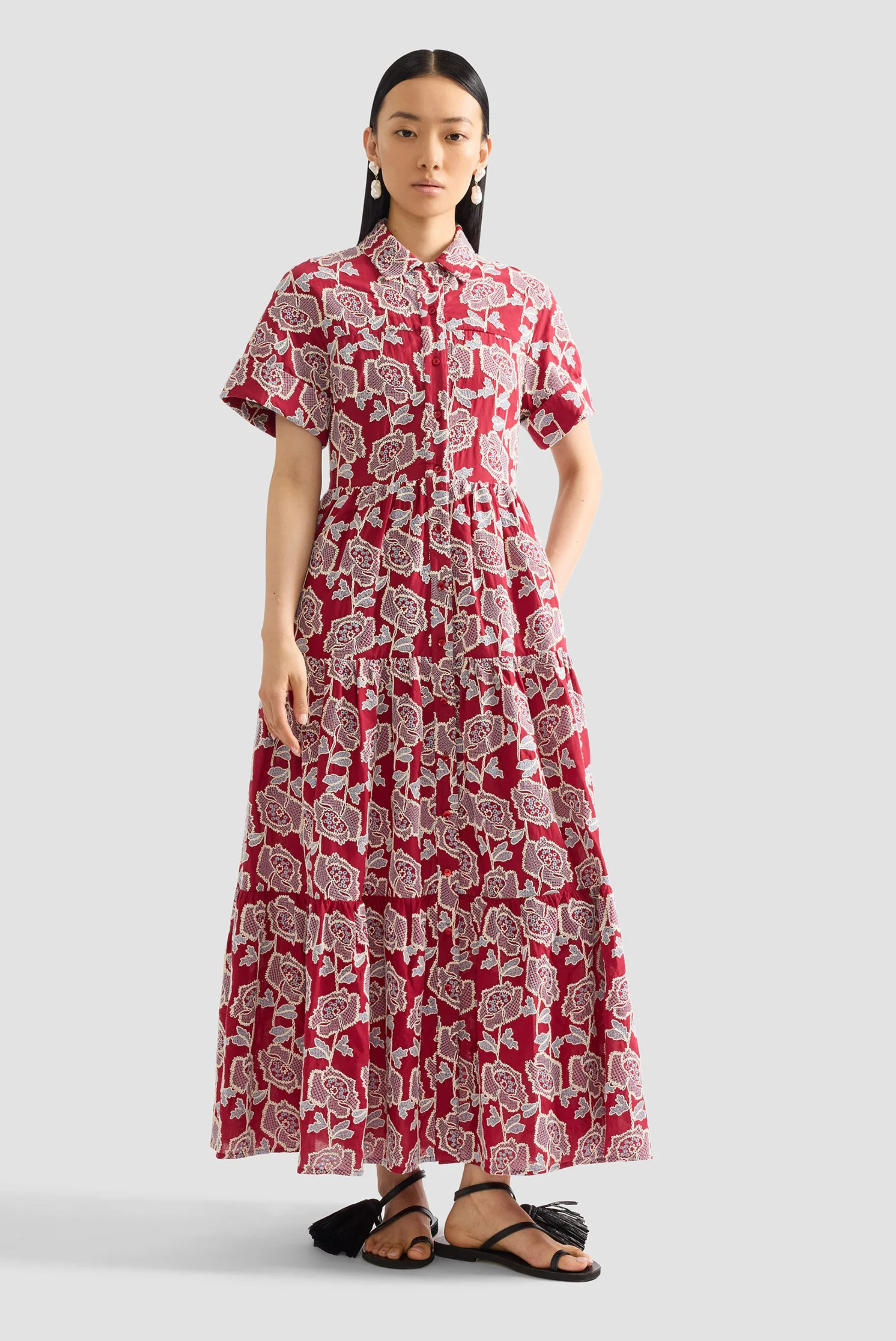 Erdem Embroidered Cotton Tiered Midi Shirt Dress Cherry