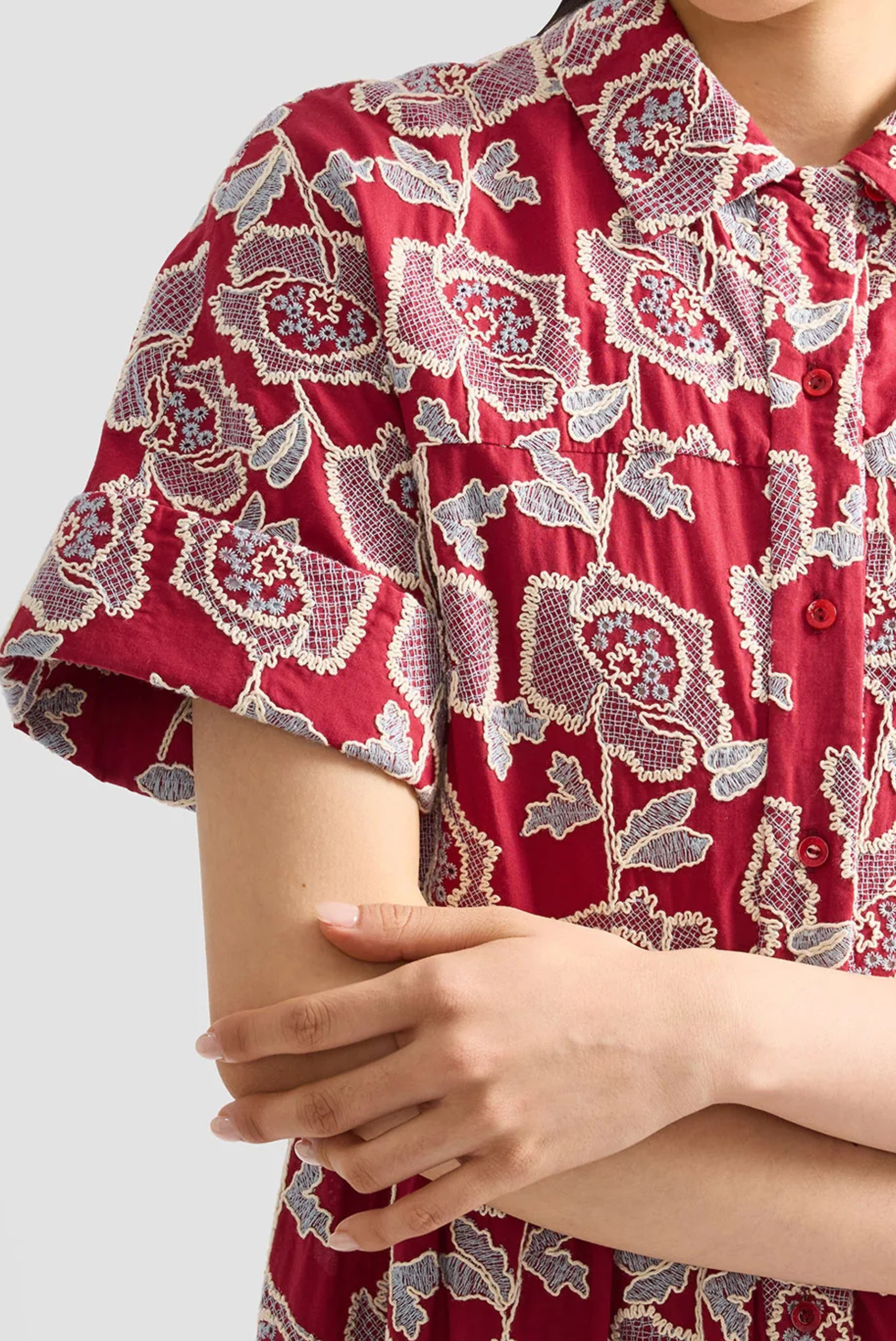 Erdem Embroidered Cotton Tiered Midi Shirt Dress Cherry