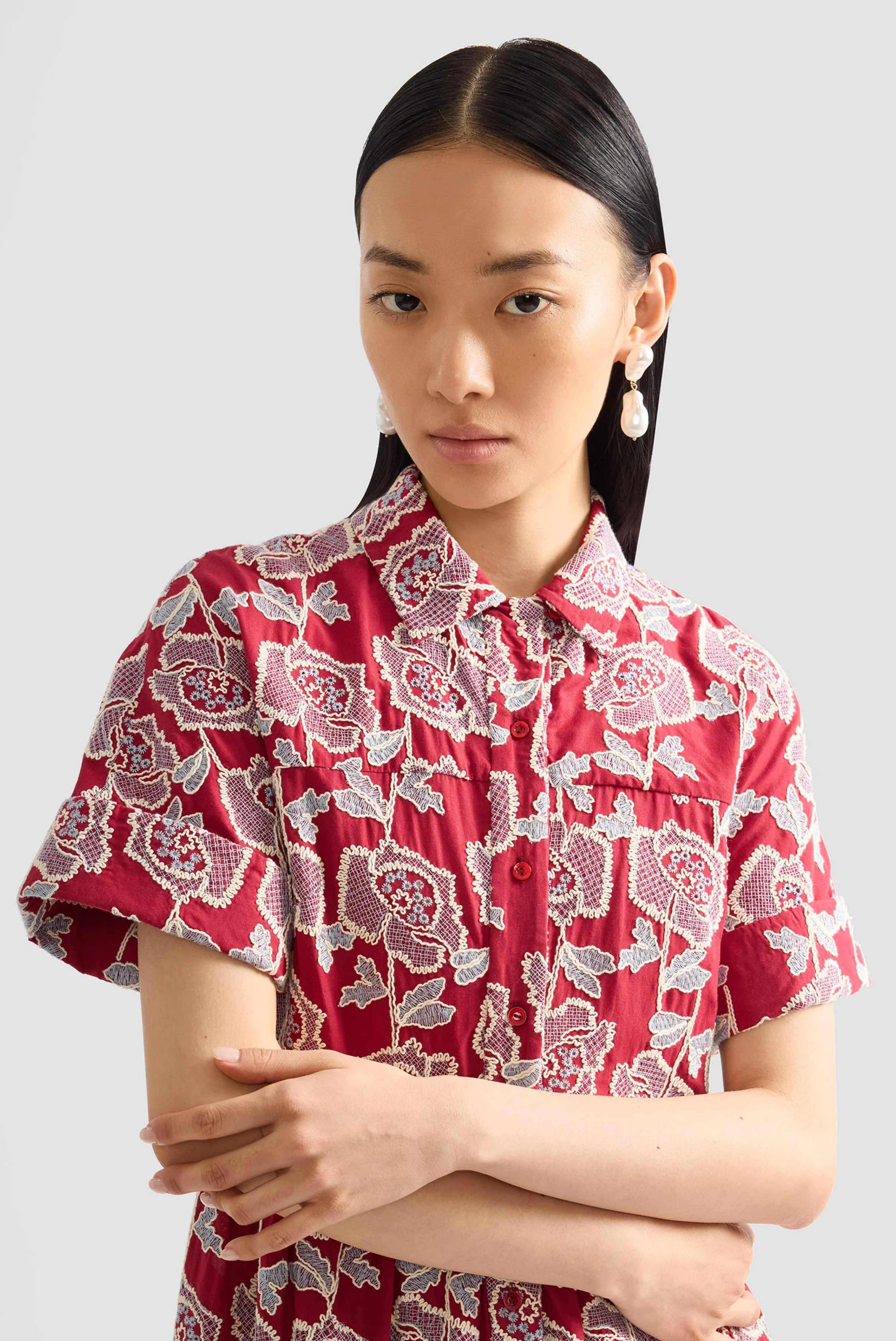 Erdem Embroidered Cotton Tiered Midi Shirt Dress Cherry