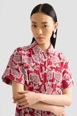 Erdem Embroidered Cotton Tiered Midi Shirt Dress Cherry