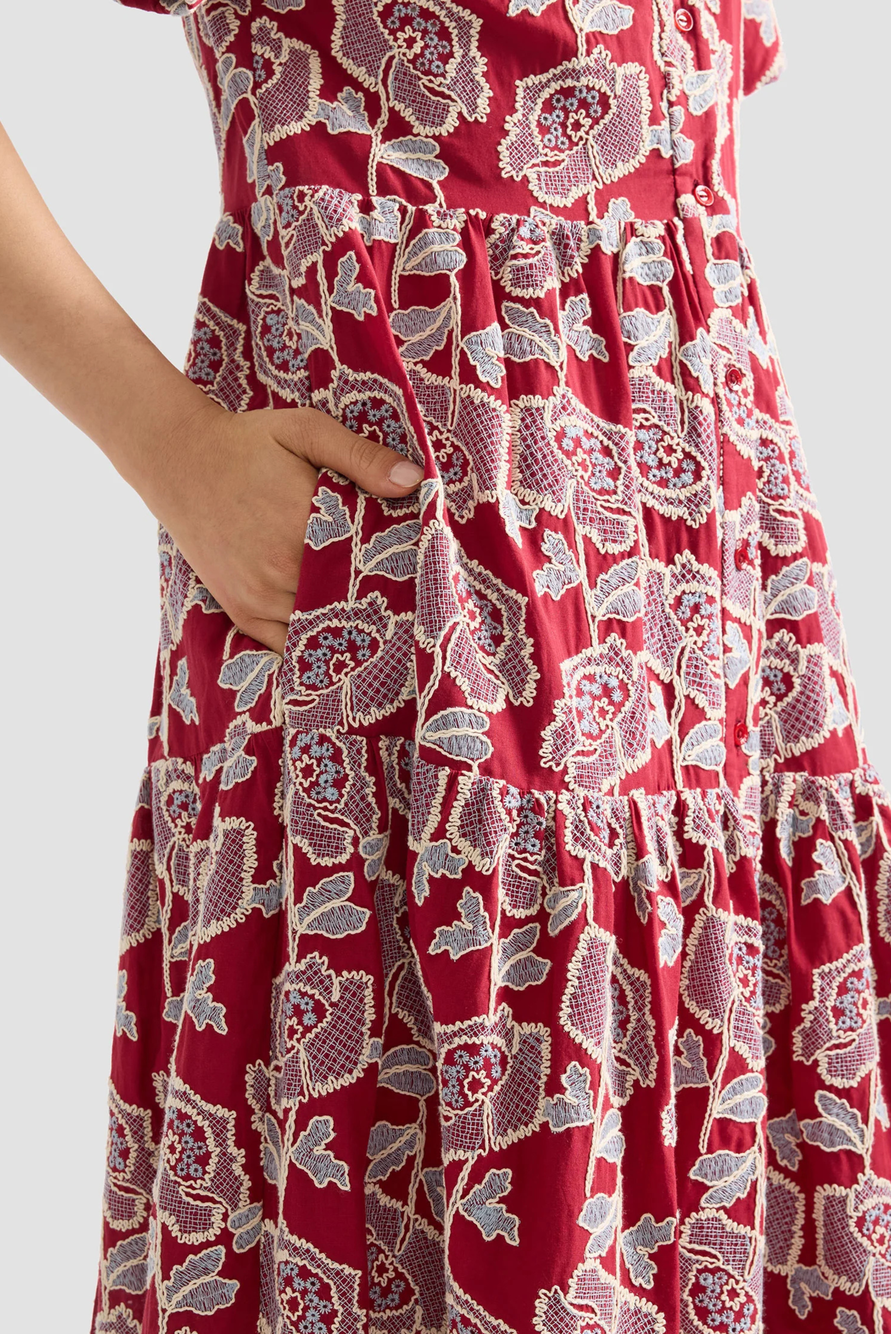 Erdem Embroidered Cotton Tiered Midi Shirt Dress Cherry