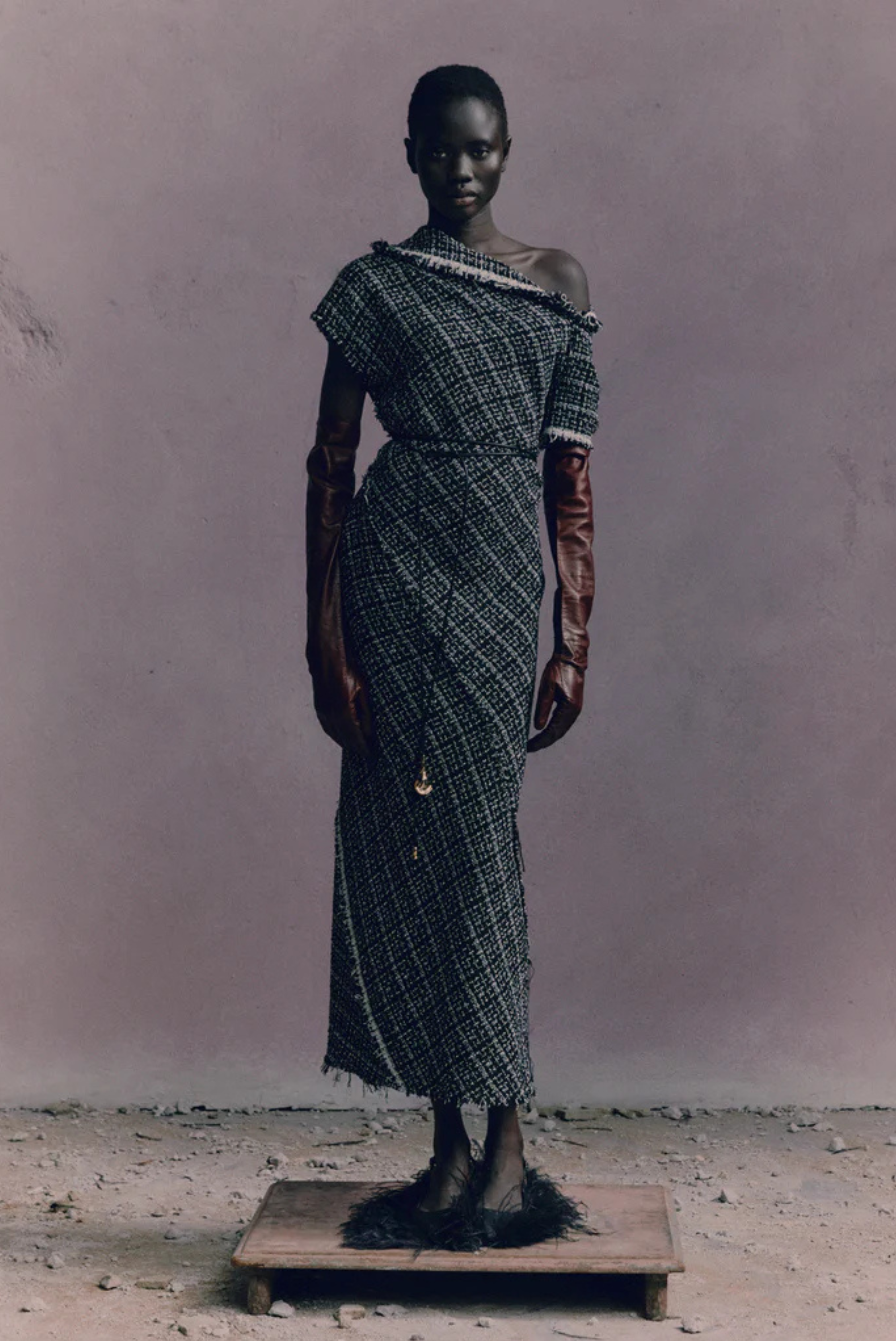 Erdem Tweed Asymmetric Midi Dress Black/White