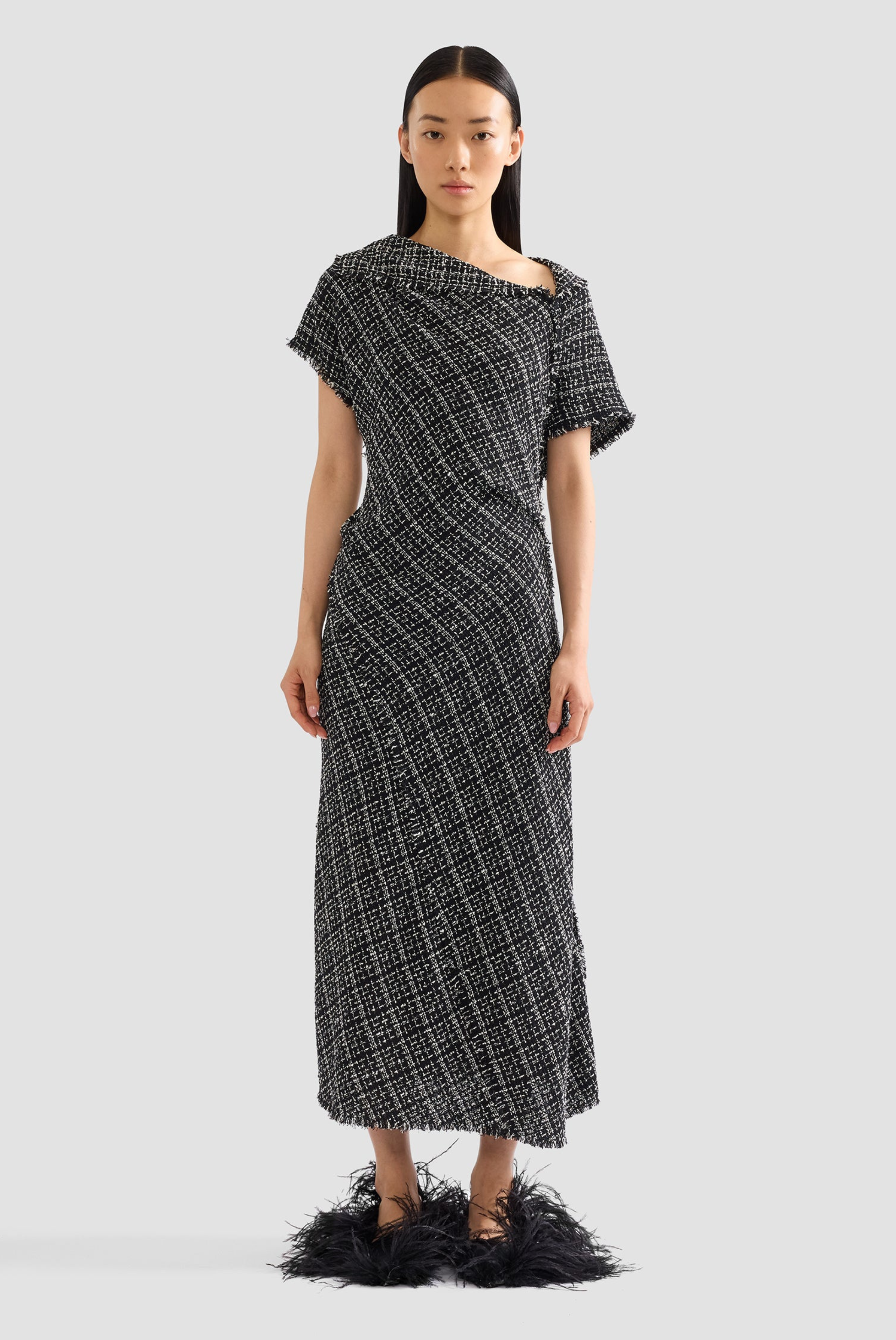 Erdem Tweed Asymmetric Midi Dress Black/White