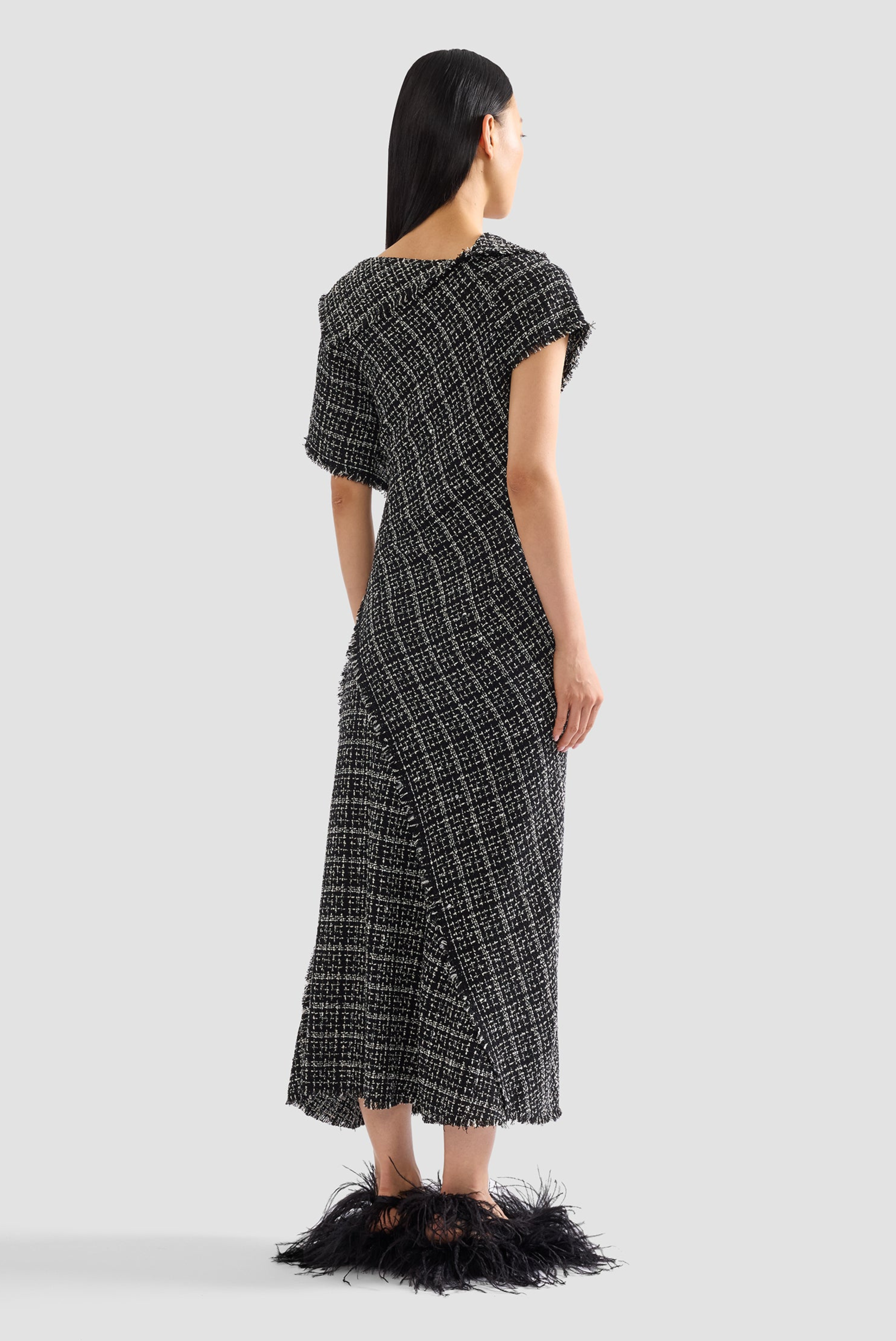 Erdem Tweed Asymmetric Midi Dress Black/White