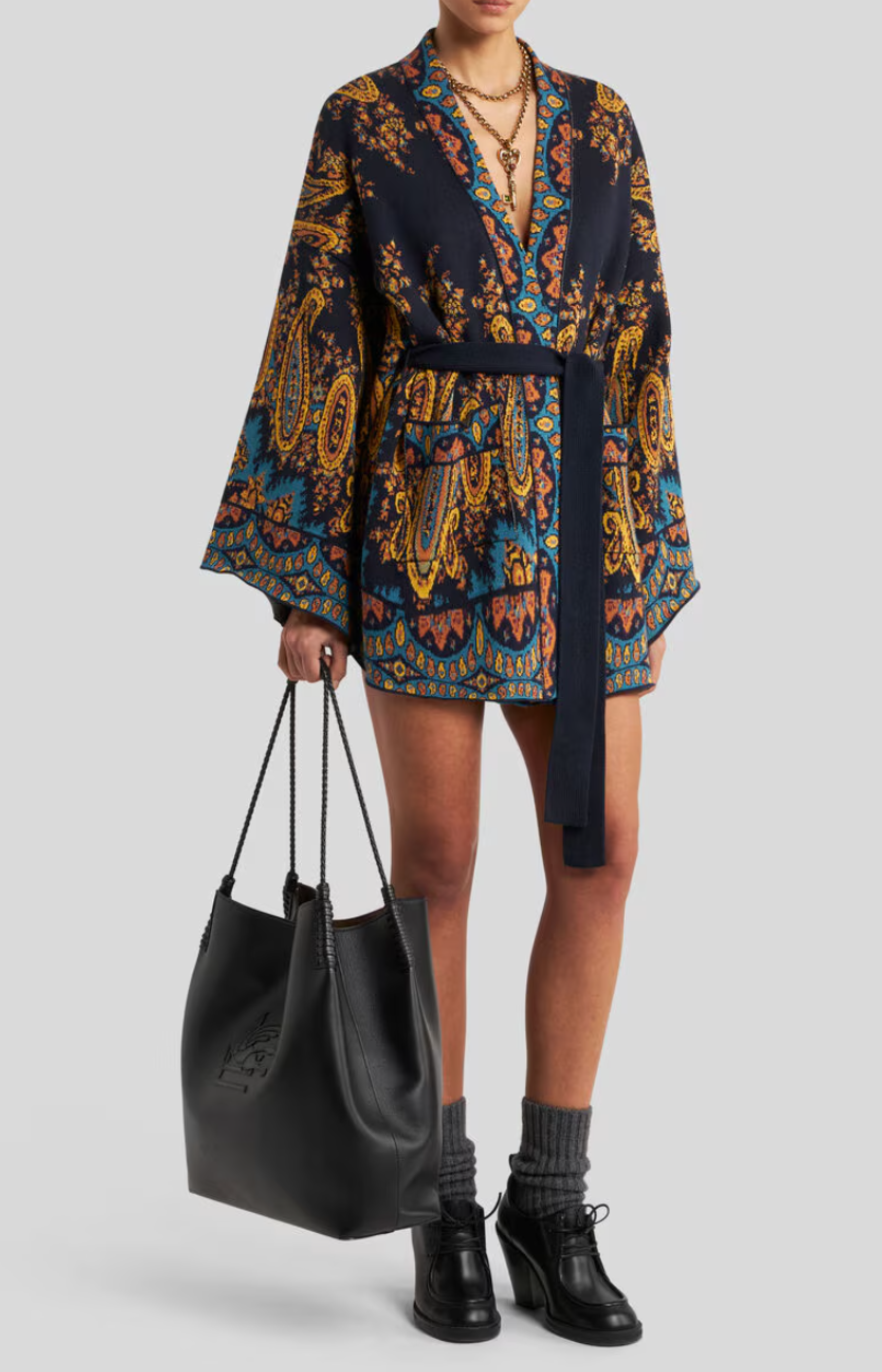 Etro Jacquard Kesa Robe with Belt Navy