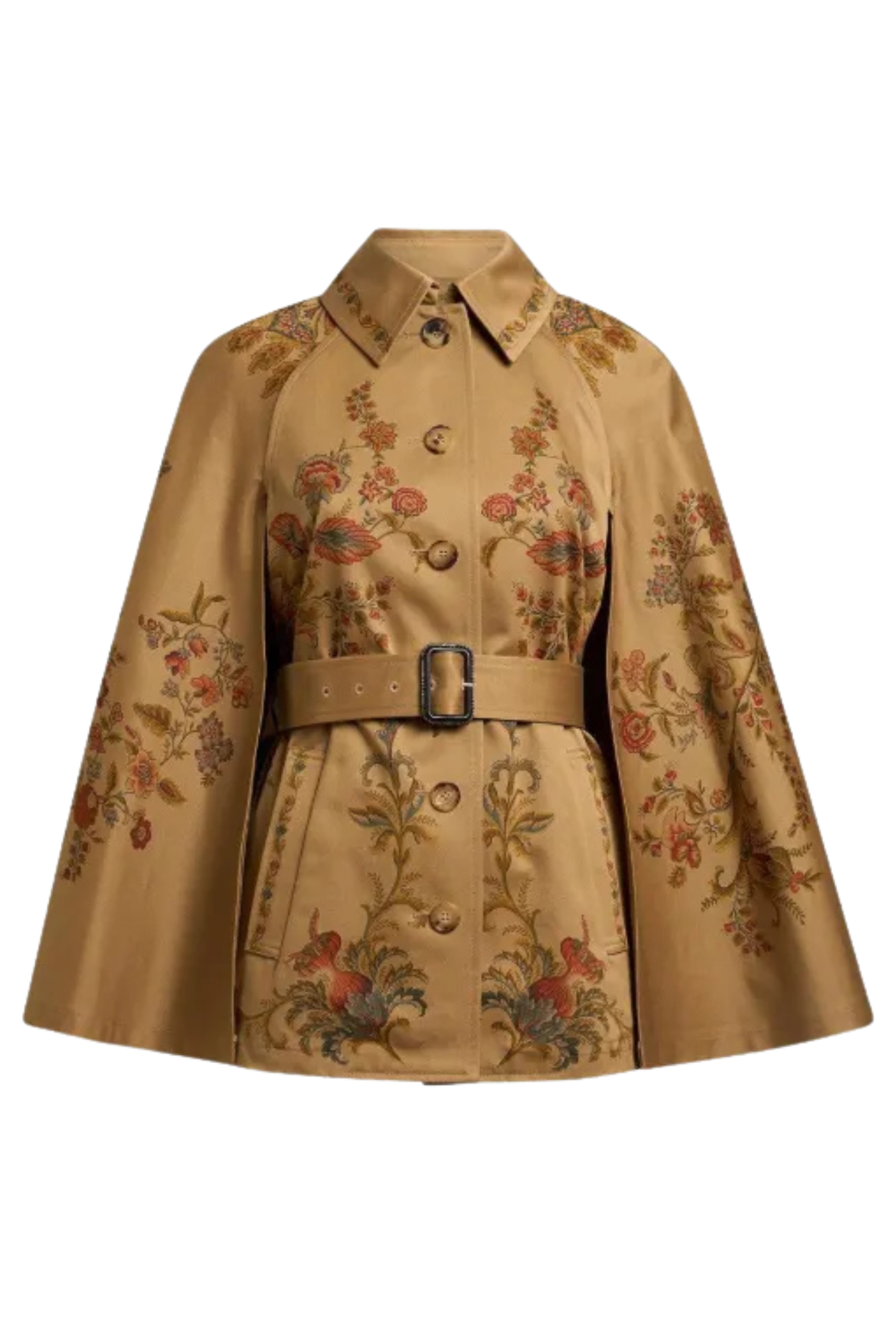 Etro Belted Cape Jacket in Floral Print Beige