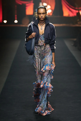 Etro Long Wide Dress With Ruffles at the Hem Print on Blue Base