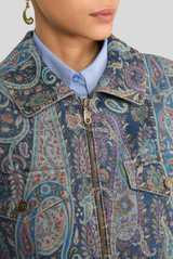 Etro Loose Fit Denim Jacket with Zipper Print on Blue 